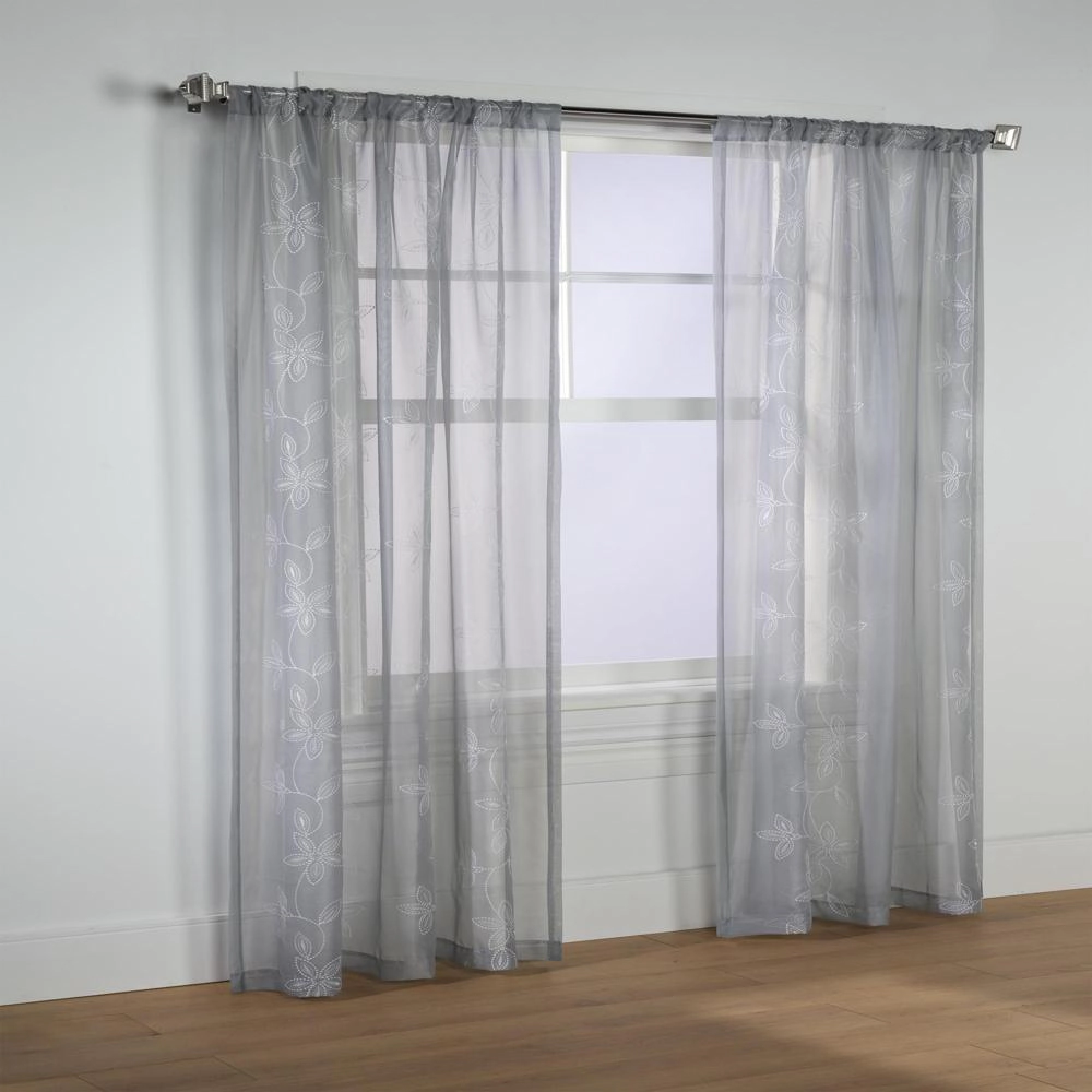 Commonwealth Habitat Elizabeth Rod Pocket Pindot Floral Embroidered Voile Panel - Grey