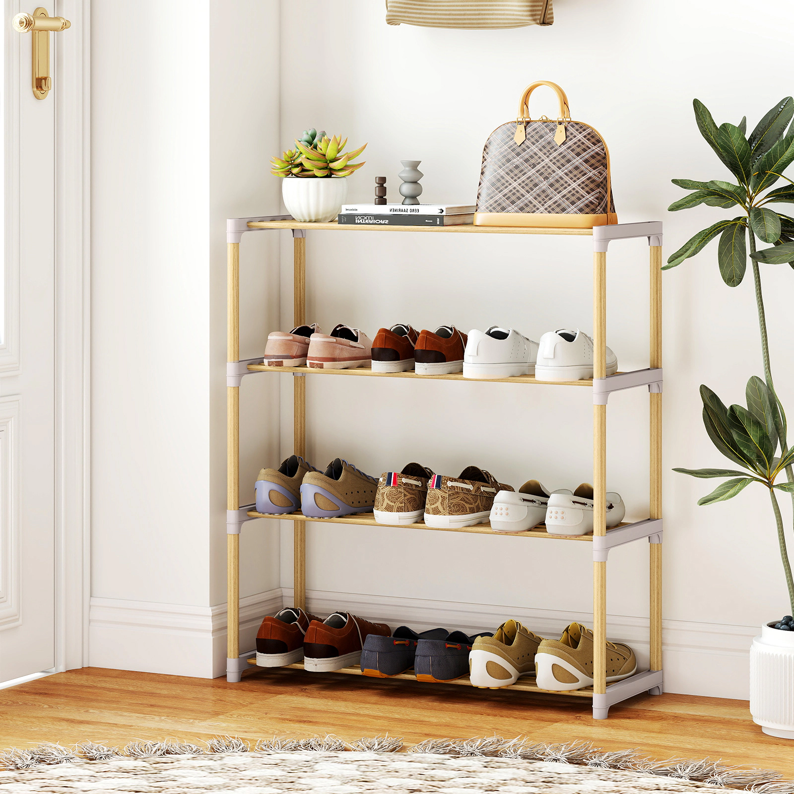 SUGIFT 4-Tier Solid Wood Shoe Rack Natural with Slatted Open Shelves