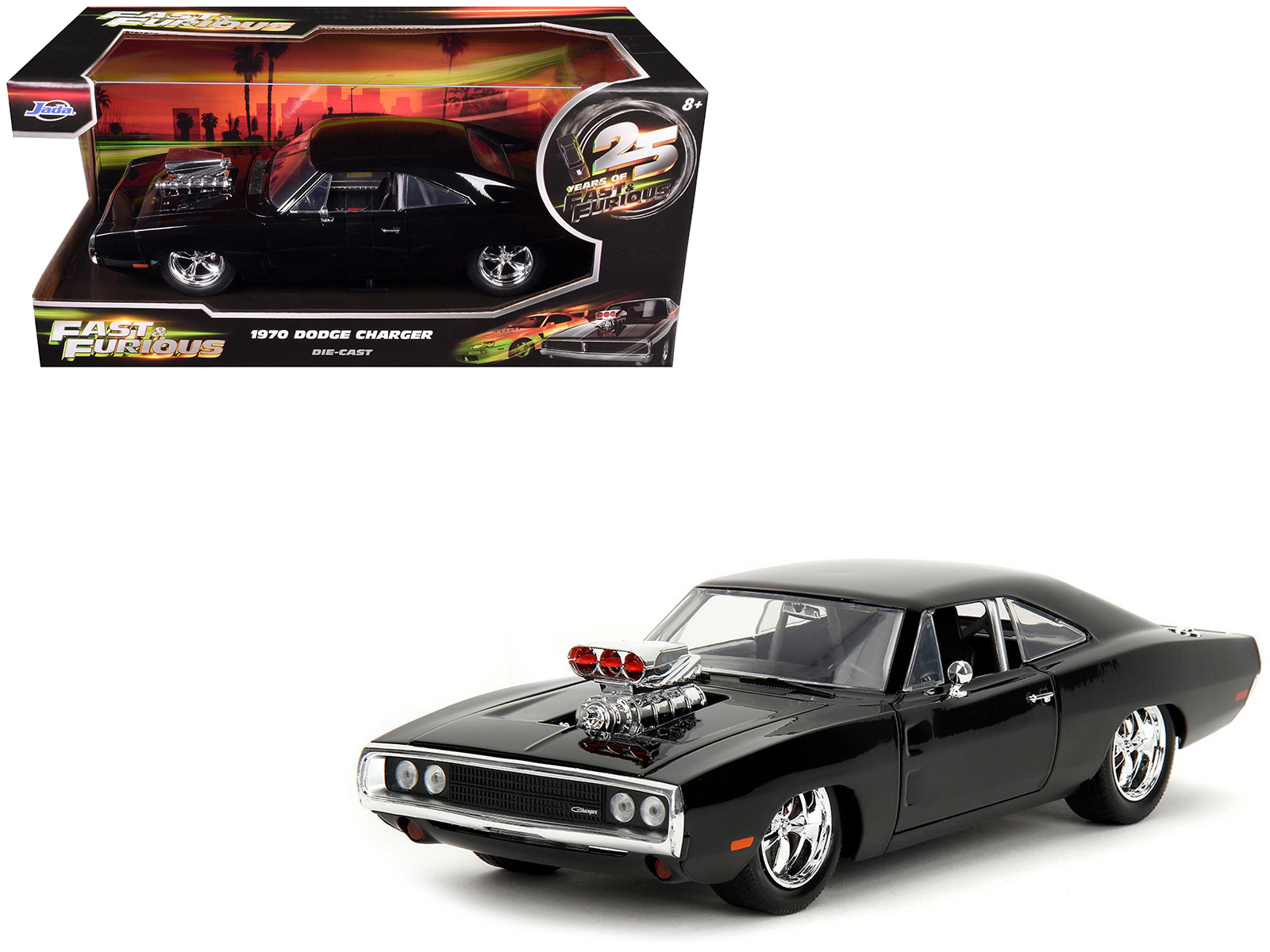 Jada 1970 Dodge Charger Black with Race Interior "The Fast and the Furious" (2001) Movie "25 Years of Fast &