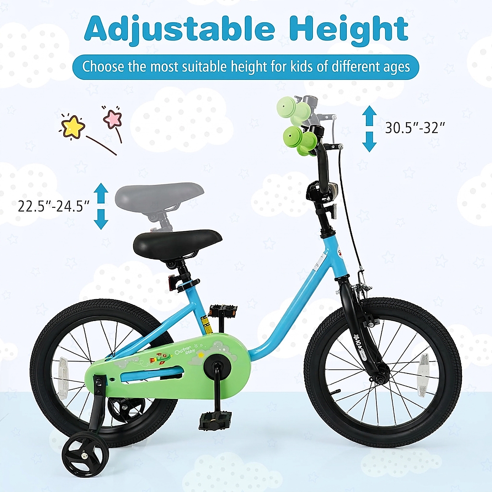 SUGIFT Adjustable Kids Bicycle with Training Wheels 110-lb Seat Capacity Ages 3-7 Blue + Green 12/14/16-Inch Wheels