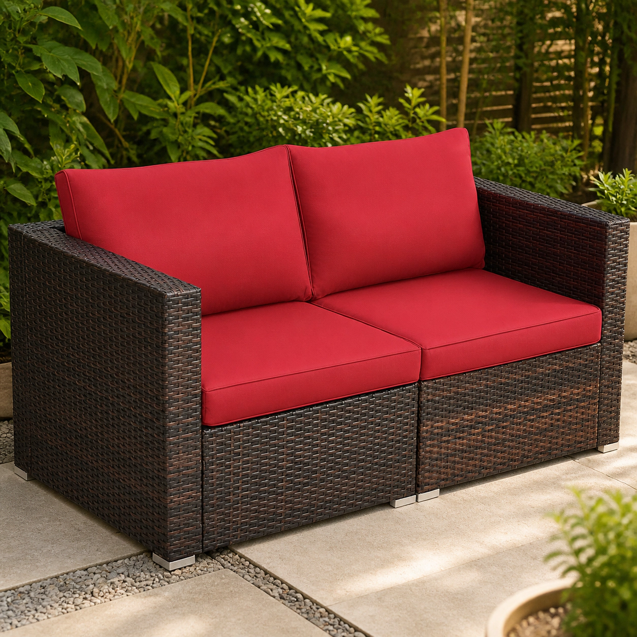 SUGIFT 2-Piece Red Rattan Patio Corner Sofa Set with 4 Zip Cushions