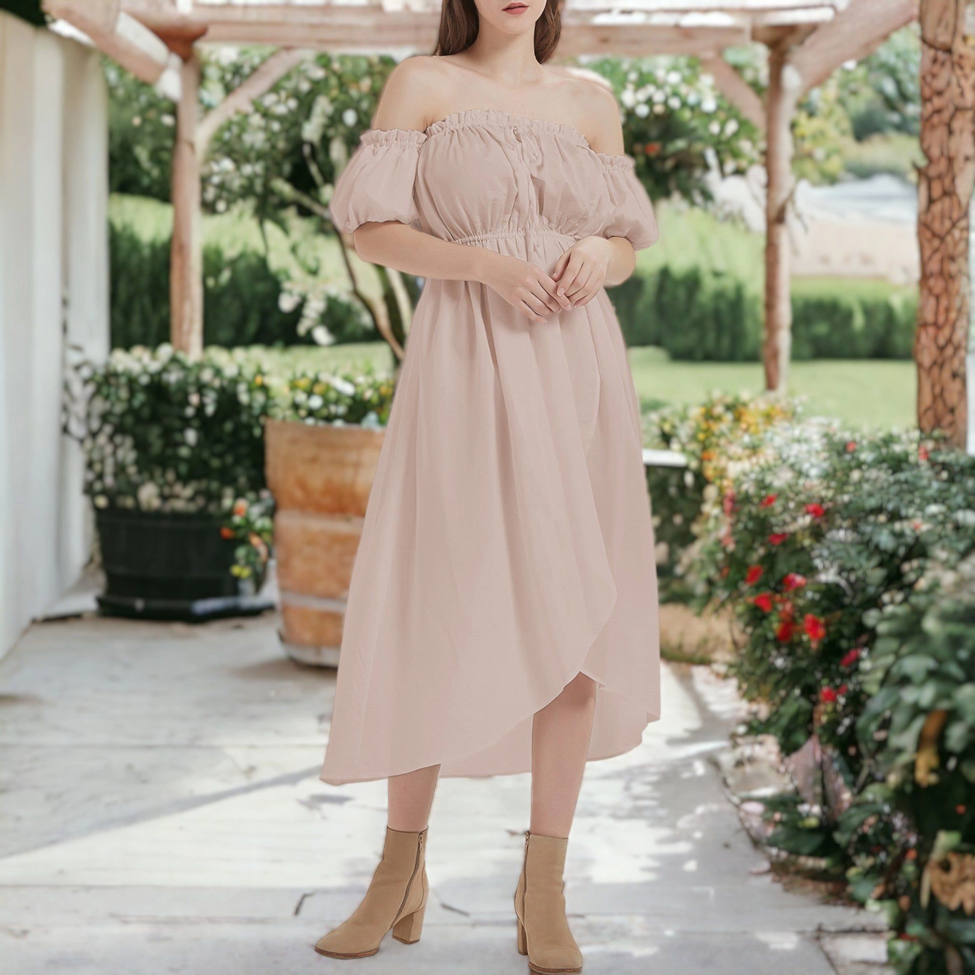 Anna-Kaci Women's  Casual Boho Lantern Sleeve Off Shoulder Midi Dress for Looks