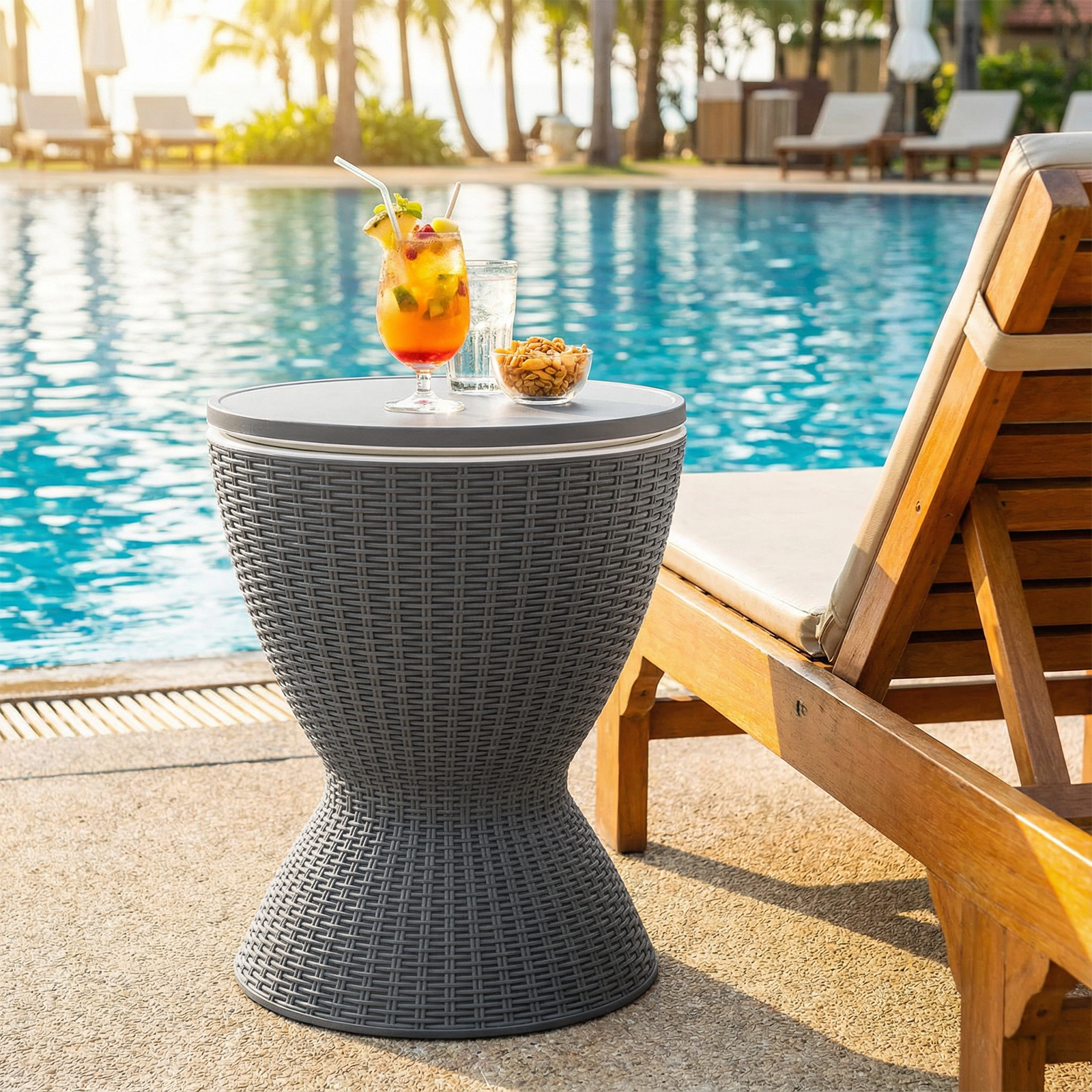 SUGIFT Outdoor Rattan-Style Bar Table with Adjustable Height and 8-Gallon Ice Bucket