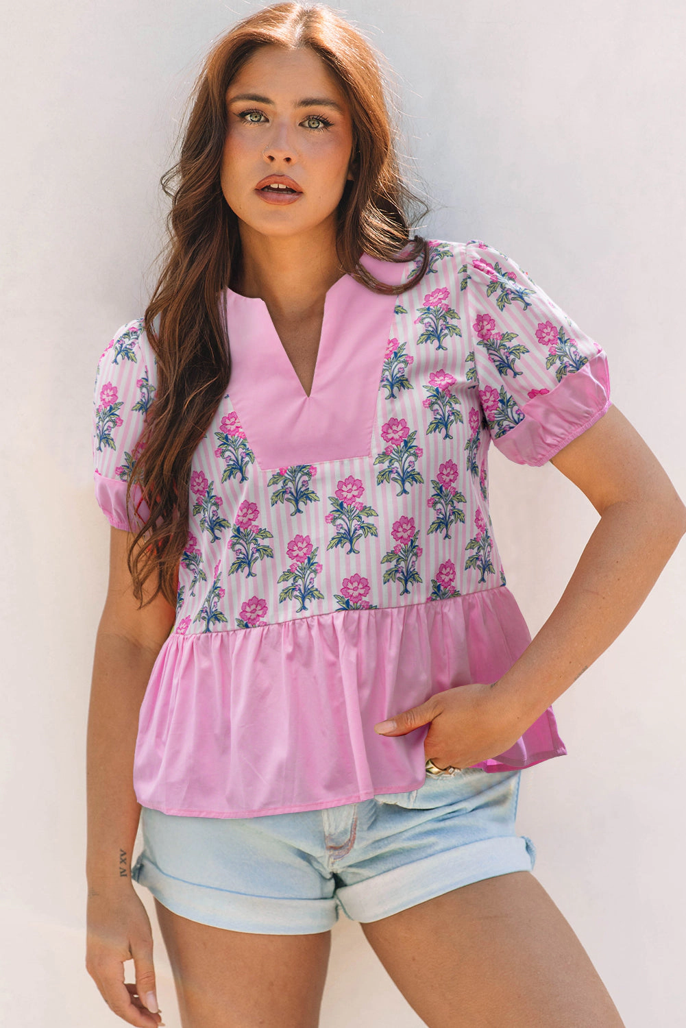 Threaded Pear Women's Theodora Patchwork Ruffle Hem Blouse