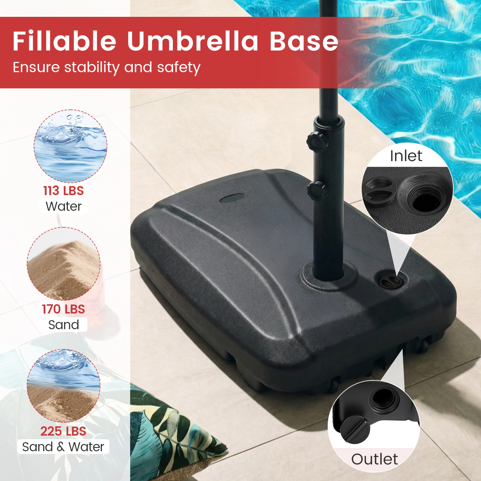 Slickblue Fillable Cantilever Patio Umbrella Base with T-Shaped Cross Base and Rolling Wheels