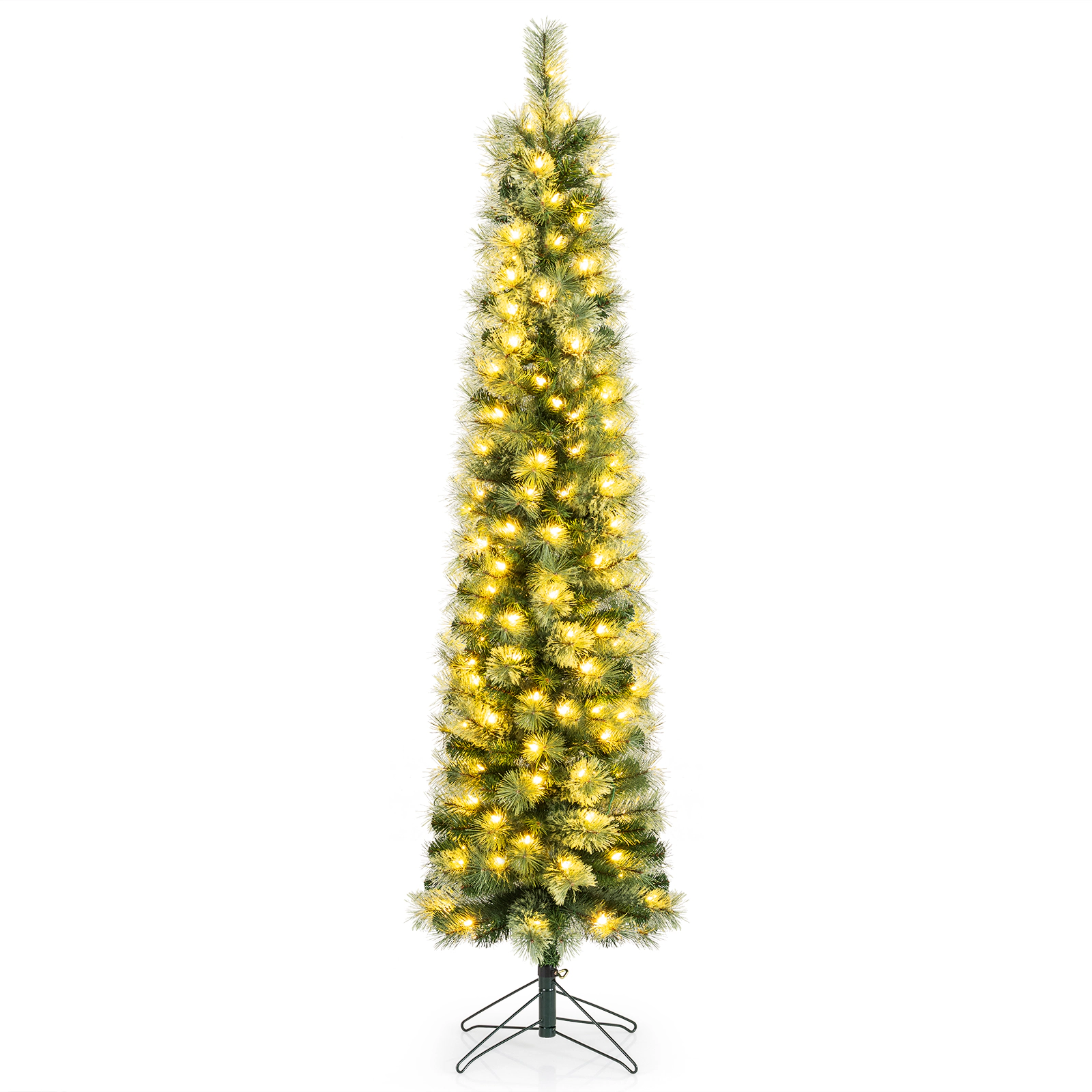Costway 6/7 FT Pre-Lit Pencil Artificial Christmas Tree with 120/150 LED Warm Lights, 8 Modes