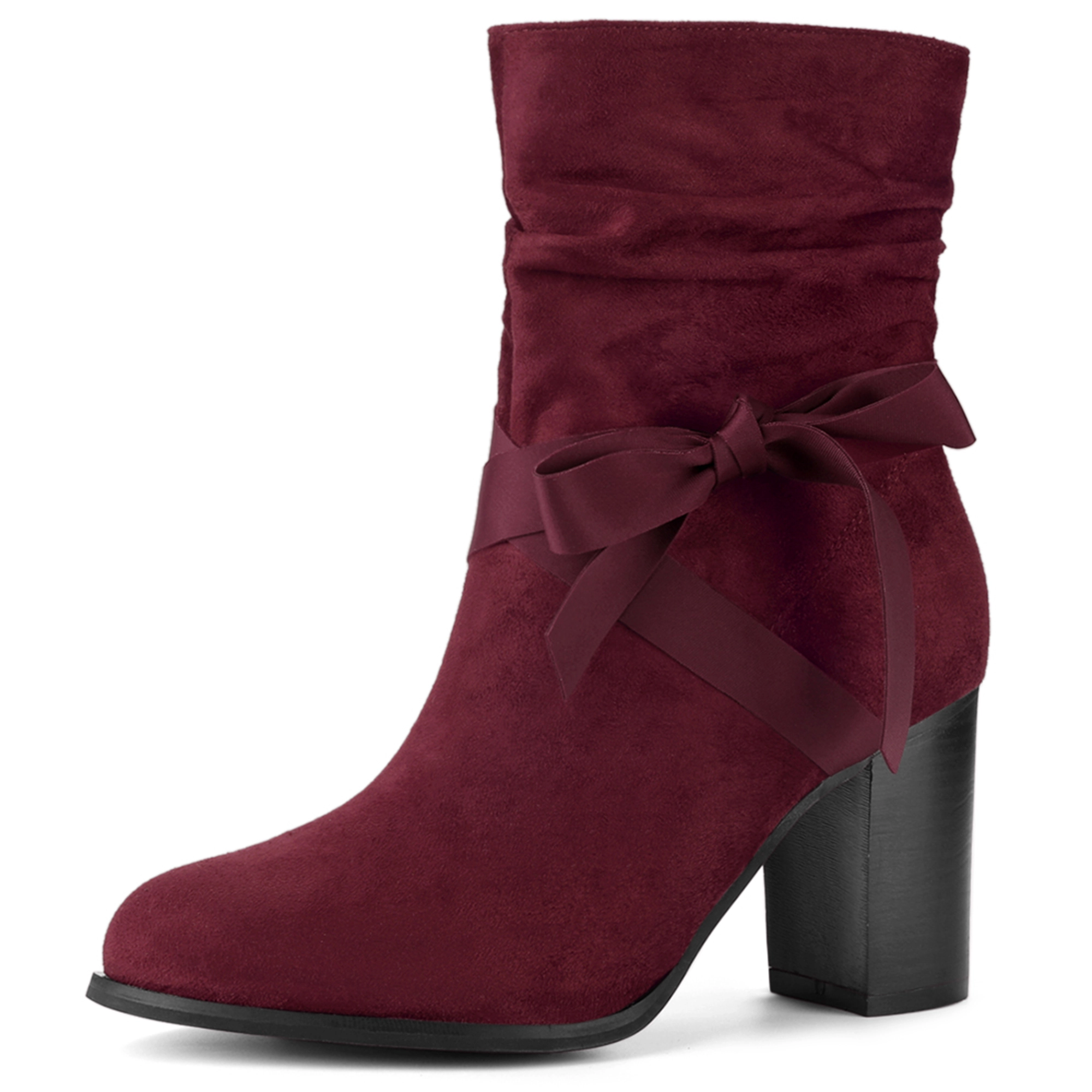 BLISSFUL STEP Women Faux Suede Slouch Chunky Heel Bow Decor Ankle Booties