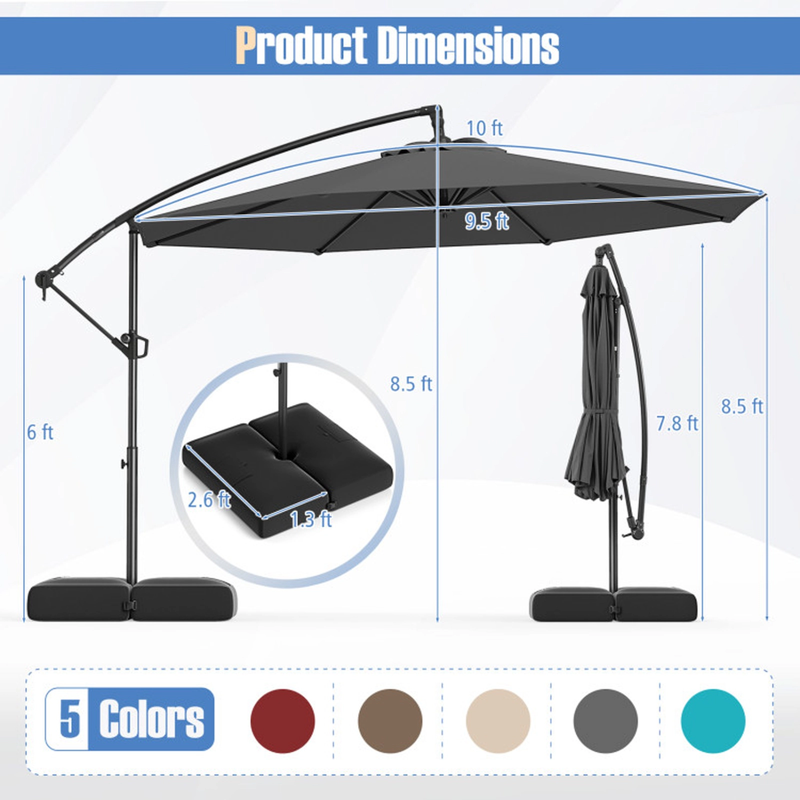 SUGIFT 10-ft Gray Offset Cantilever Patio Umbrella with Silent Crank Vented Top and Weighted Base