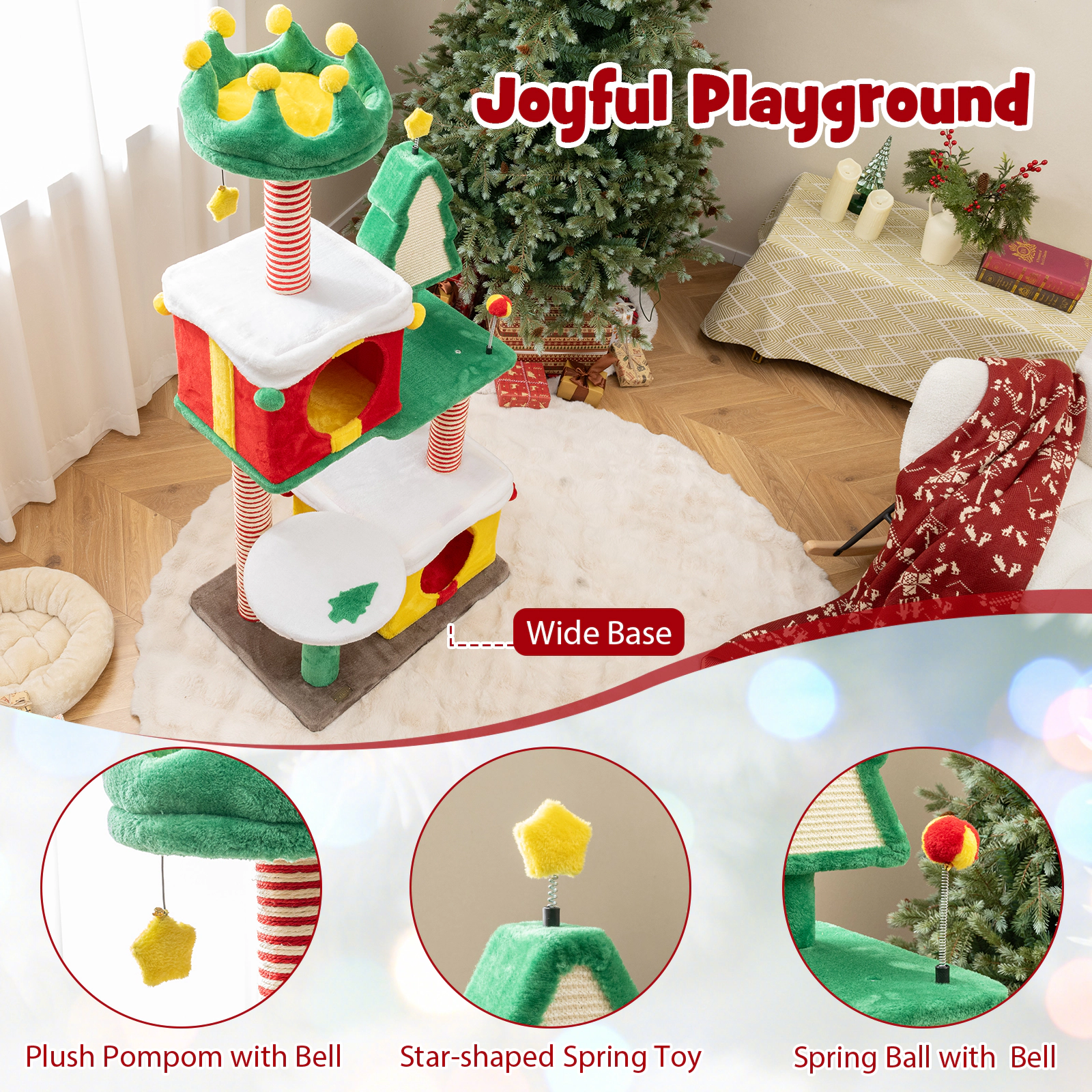 SUGIFT 61-in Christmas Cat Tree Tower with 2 Gift Box Condos Hat Perch Sisal Carpet and Bell Toys