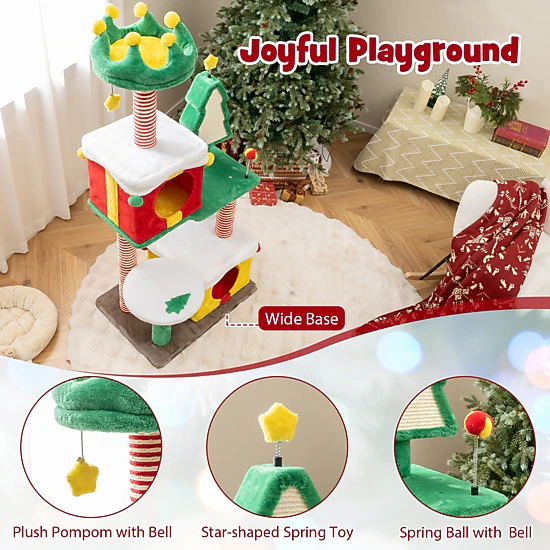 SUGIFT 61-in Christmas Cat Tree Tower with 2 Gift Box Condos Hat Perch Sisal Carpet and Bell Toys
