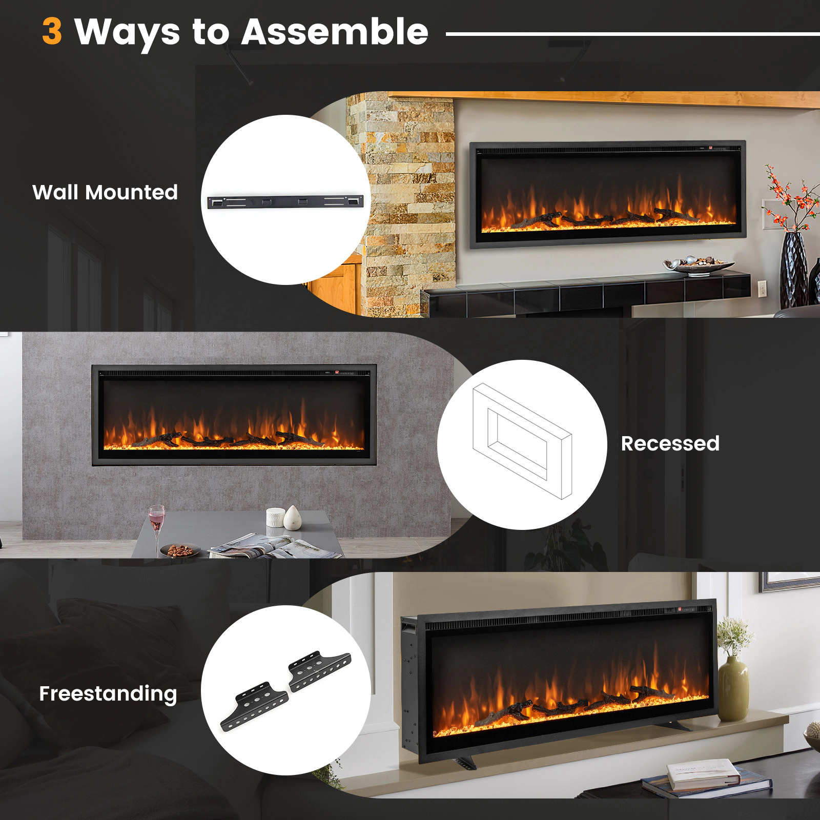 SUGIFT In-Wall Recessed Electric Fireplace with Remote Control 5000 BTU 750W/1500W Heater Black 50-in
