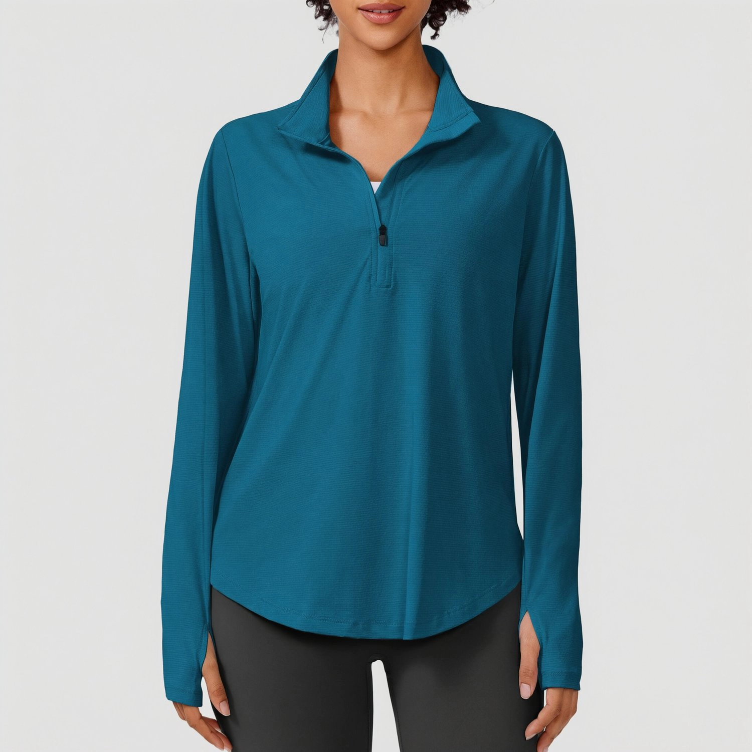 Pinspark Womens Sporty Long Sleeve Quarter Zip Pullover Stand Collar Thumb Hole Tops