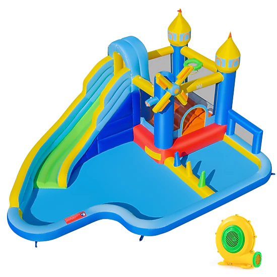 LJG Kids Windmill-themed Inflatable Water Slide Park with Jumping Area and Blower