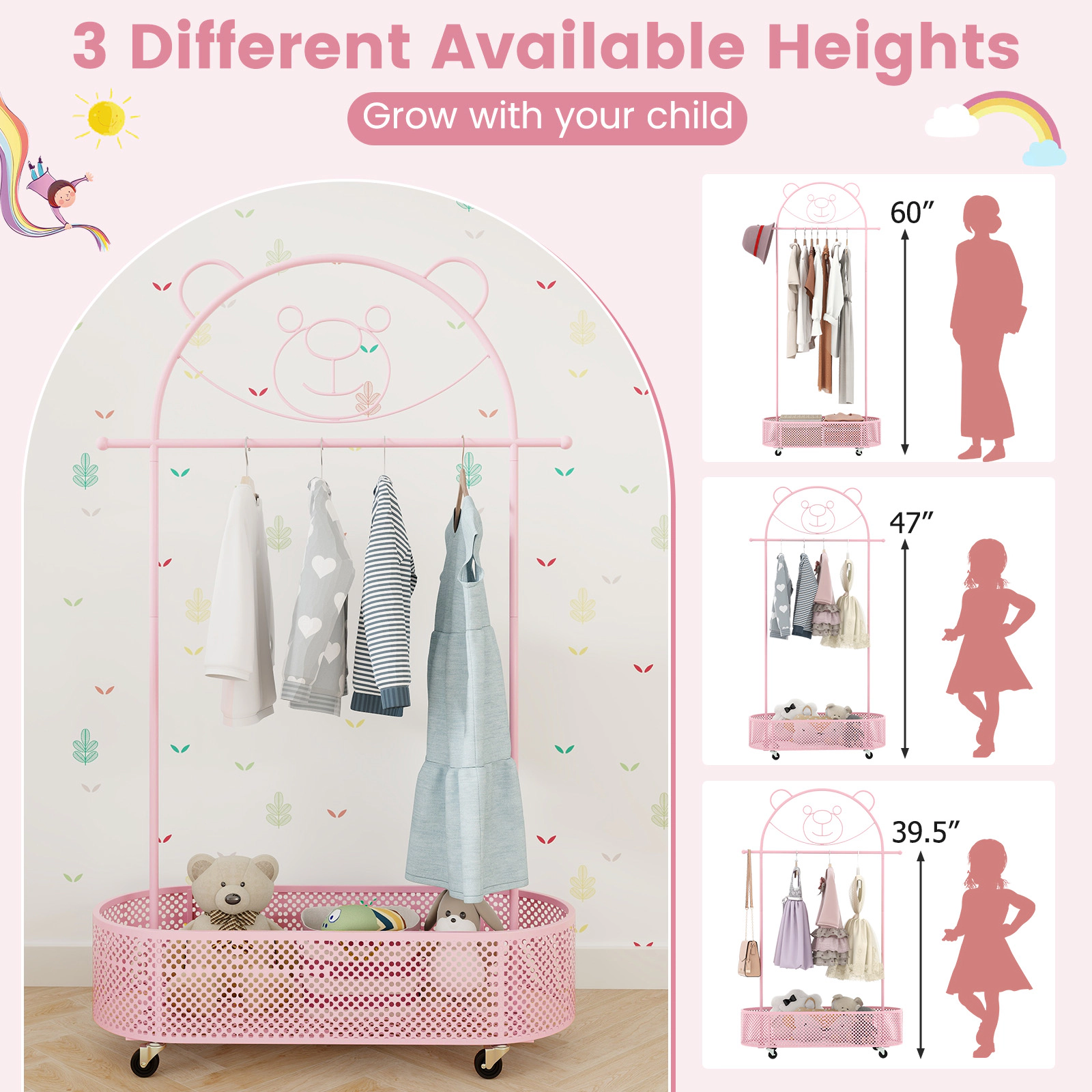 Hivvago Kid Clothes Rack with 3 Adjustable Heights and Wheels