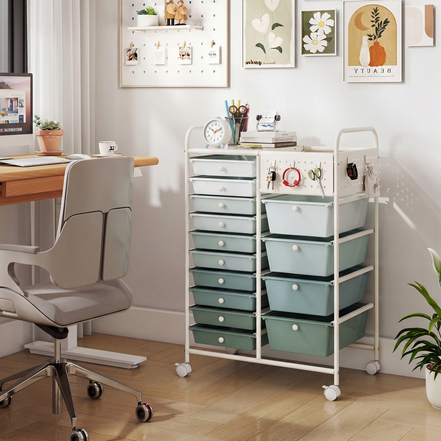 SUGIFT Metal Tabletop and Pegboard Panels 14-Drawer Rolling Storage Cart