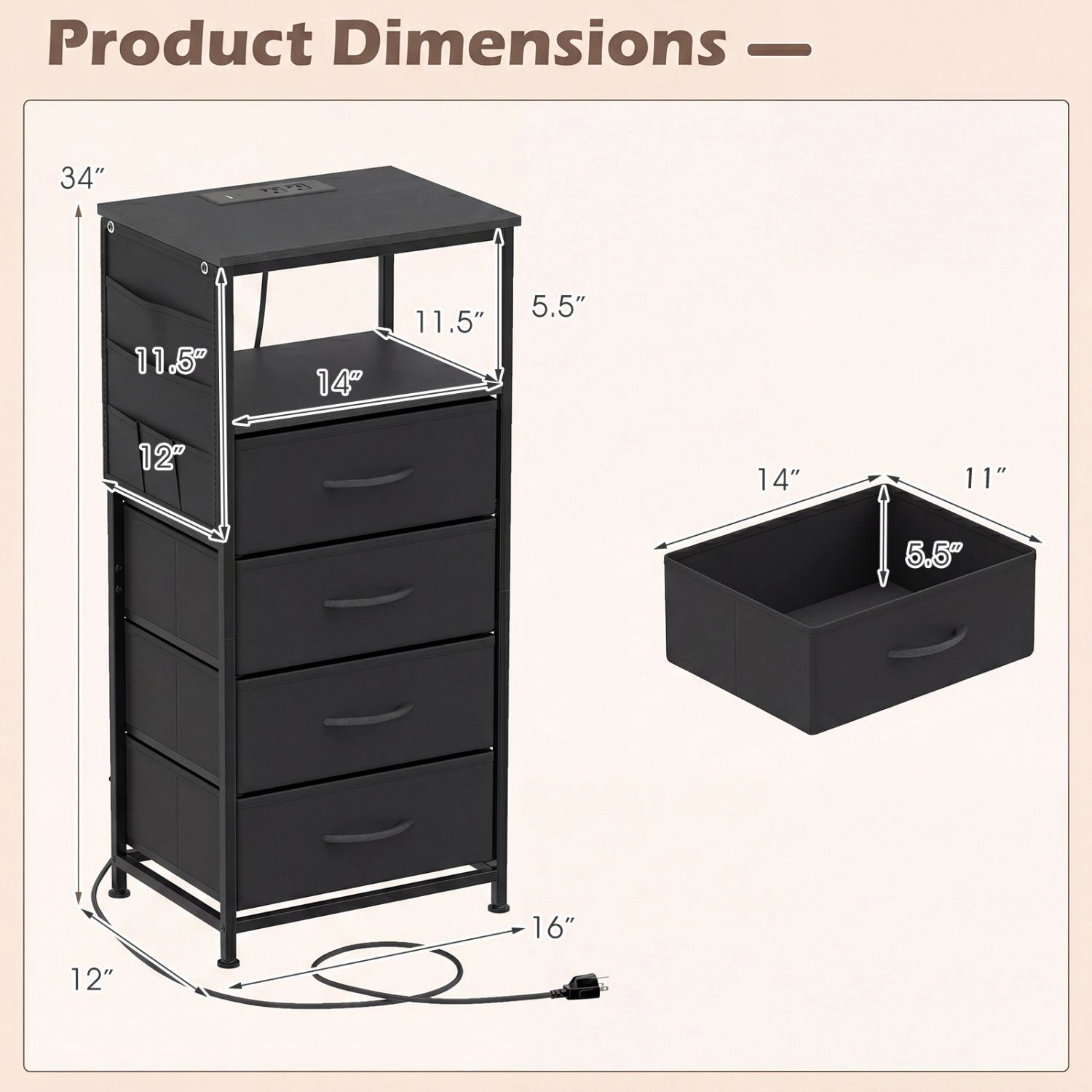 SlickBlue Storage Cabinet with Charging Station, Drawers & Side Pocket