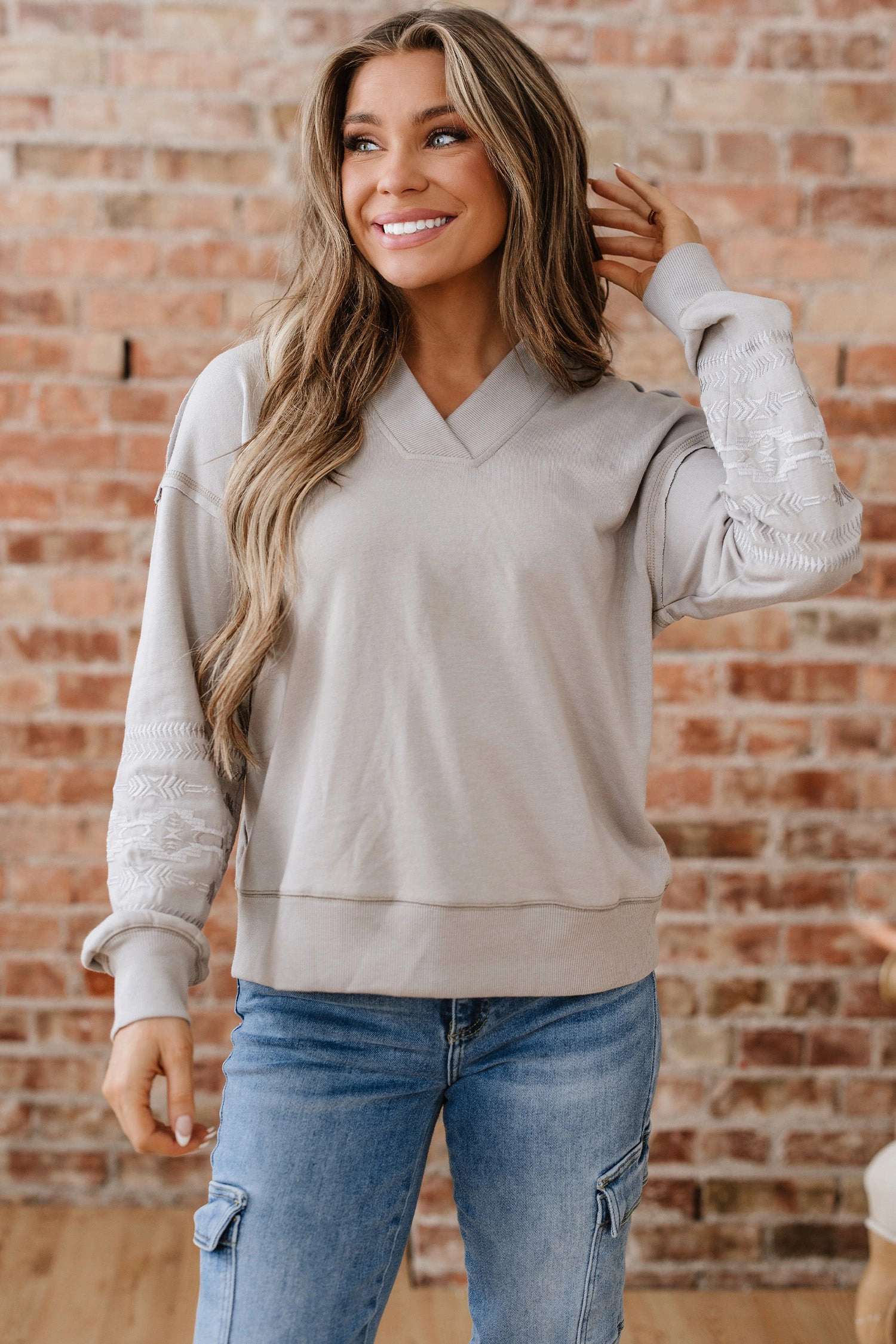 Threaded Pear Women's Kaylee aztec Embroidered Western Sweatshirt