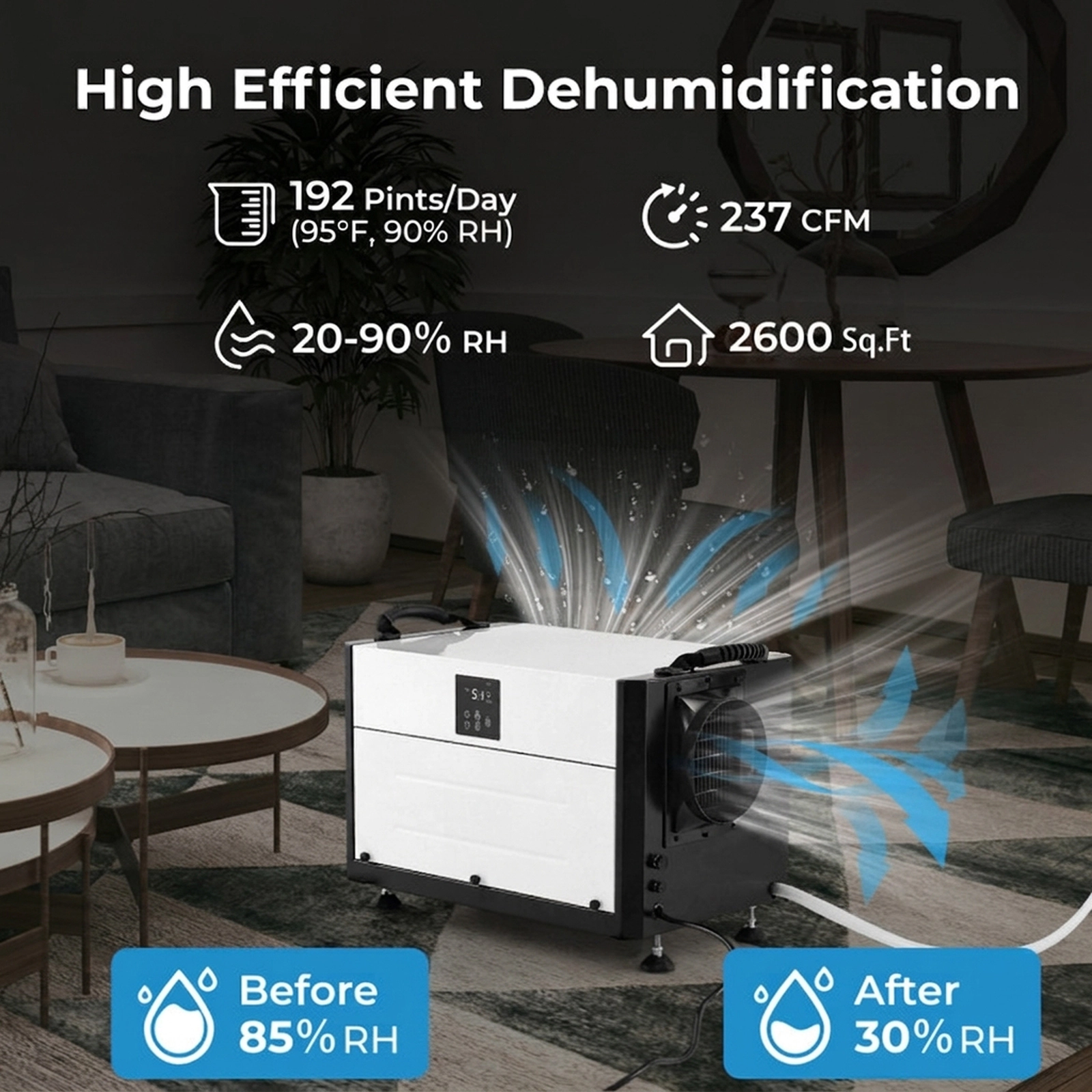 SUGIFT 192-Pint 2600-sq ft Crawl Space Dehumidifier with 237-CFM Airflow and 9.8-ft Gravity Drain Hose