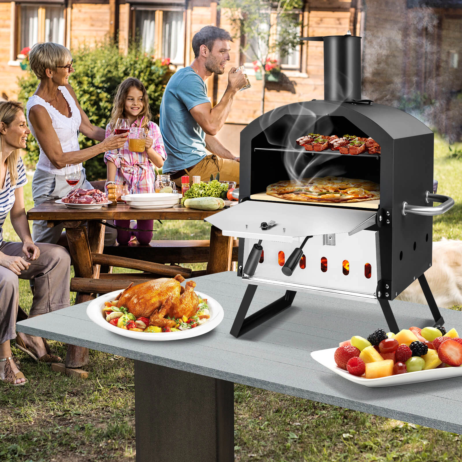 SUGIFT 2-Layer Black Outdoor Pizza Oven with 12-in Pizza Stone Foldable Legs and Anti-Scalding Handles