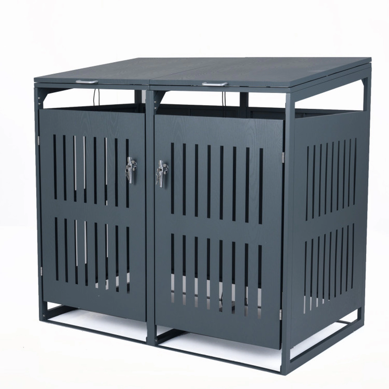 SUGIFT 52-in 44-cu ft 2-Bin Lockable Metal Outdoor Trash Can Storage Shed with Gas Struts and Slant Roof