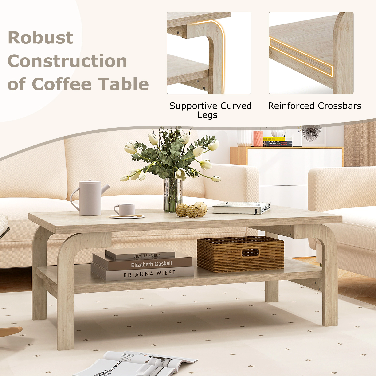 Glintex 47-Inch Mid-Century Coffee Table with Lower Storage Shelf