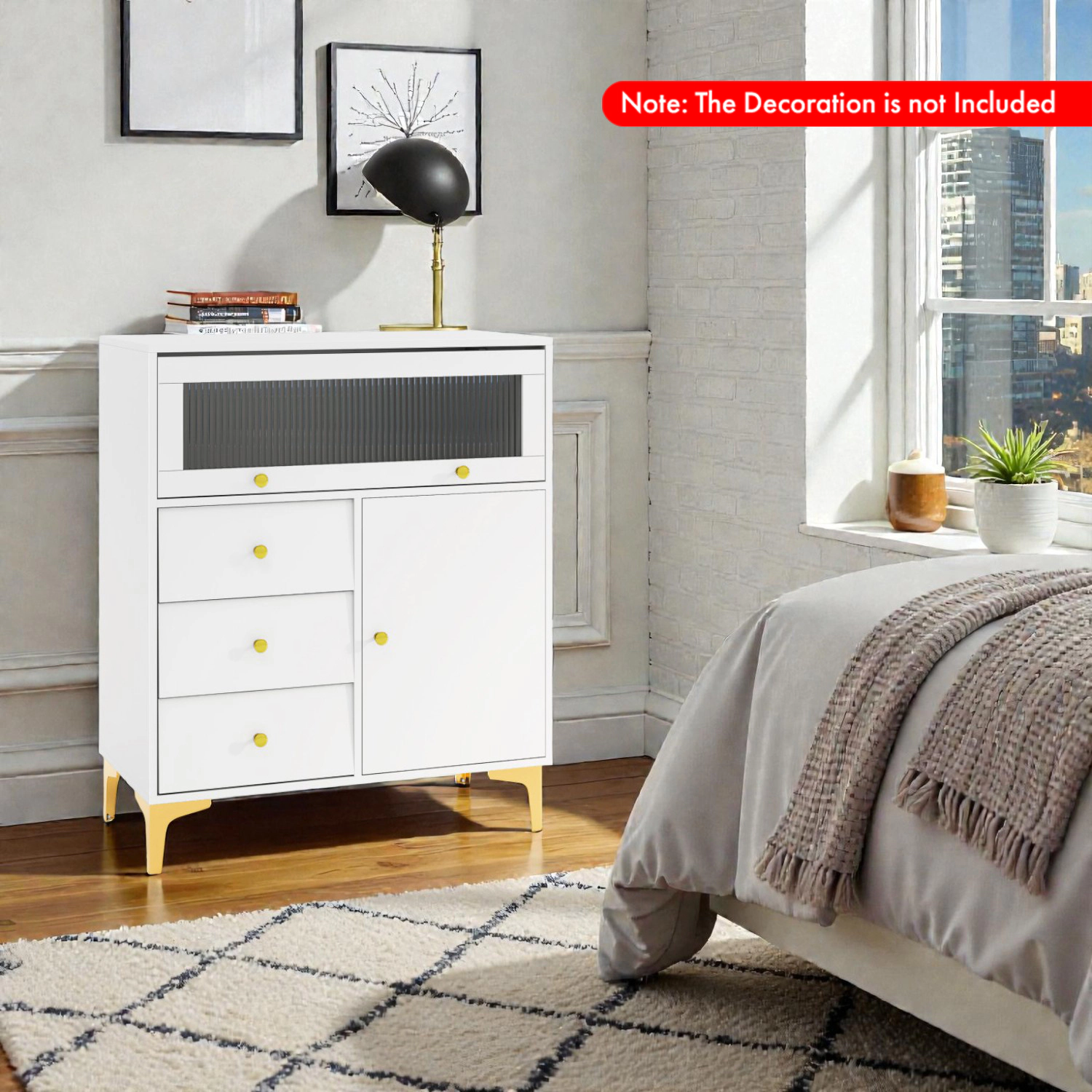 Hivvago Drawer Chest with Flip-Up Ribbed Glass Door for Bedroom or Kitchen