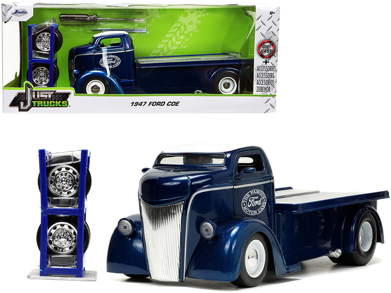Jada 1947 Ford COE Flatbed Truck Dark Blue Metallic with White Top "The Famous Motor Cars" with Extra Wheels