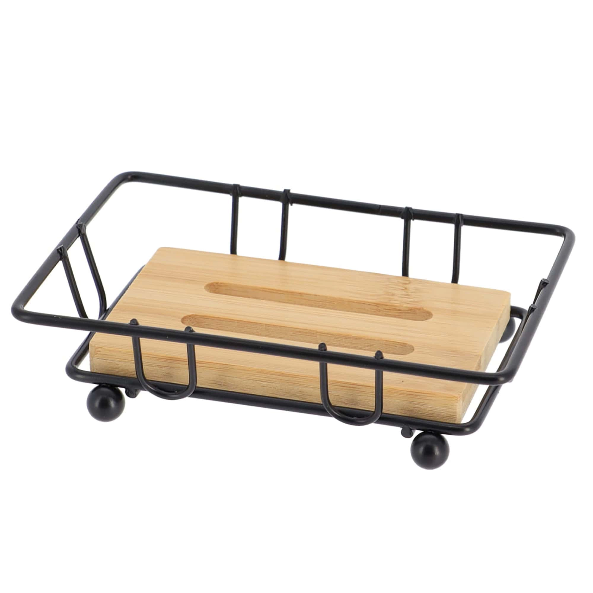 Evideco French Home Goods Bamboo Soap Dish with Removable Black Wire Cradle