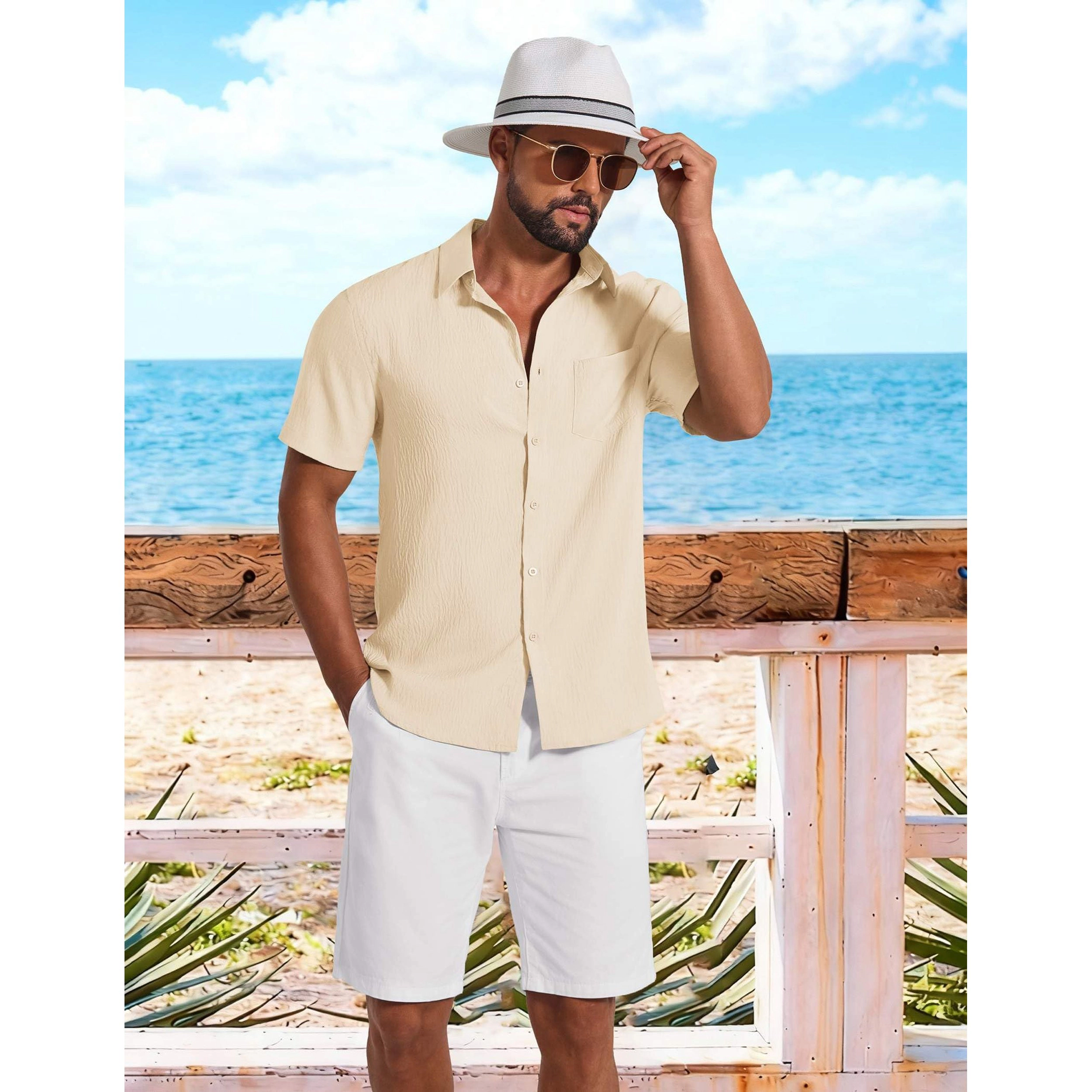 COOFANDY Men's Regular Fit Lightweight Textured Short Sleeve Camp Shirt