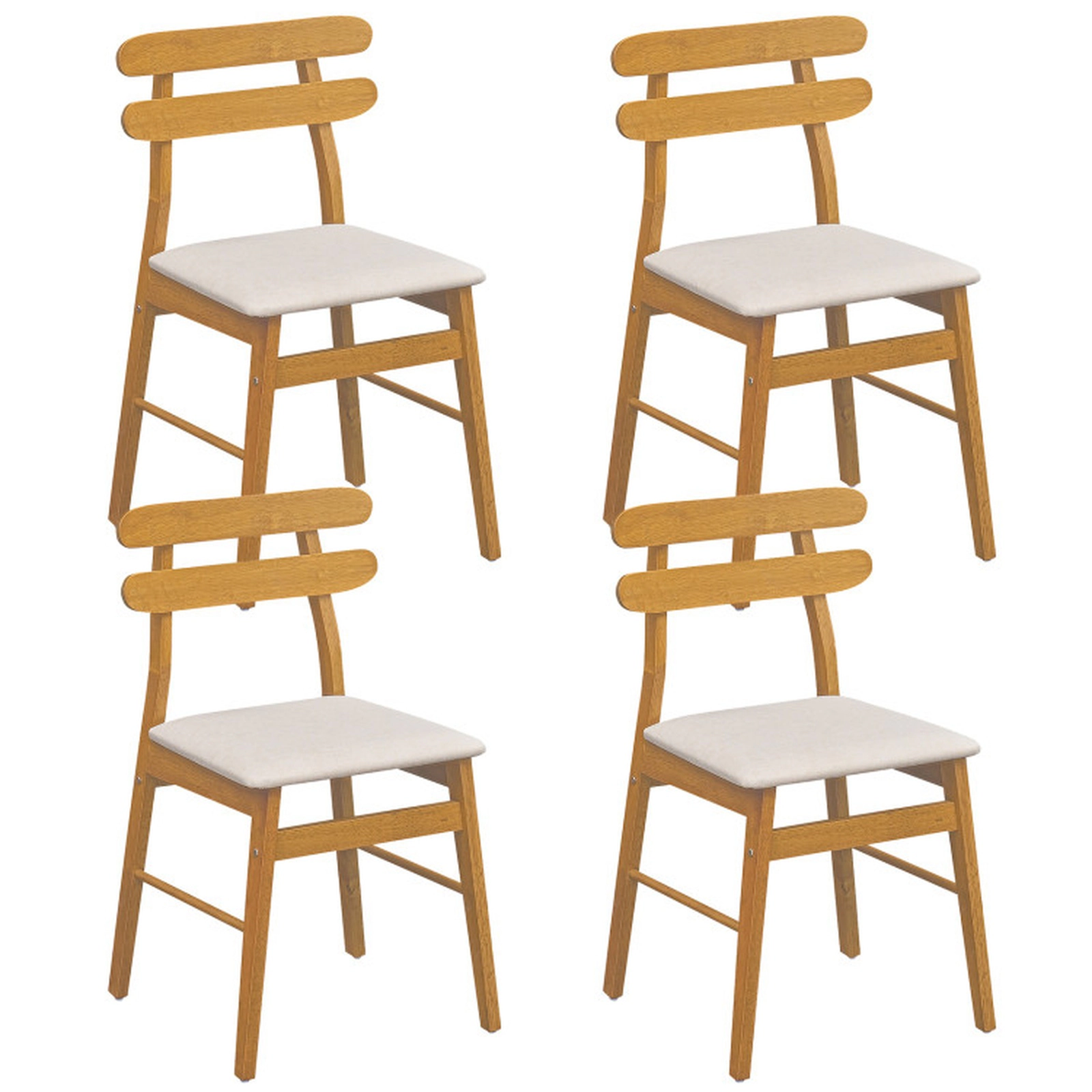 SUGIFT Set of 4 Beige Linen Upholstered Dining Chairs, Padded Seats, Natural Wood Legs