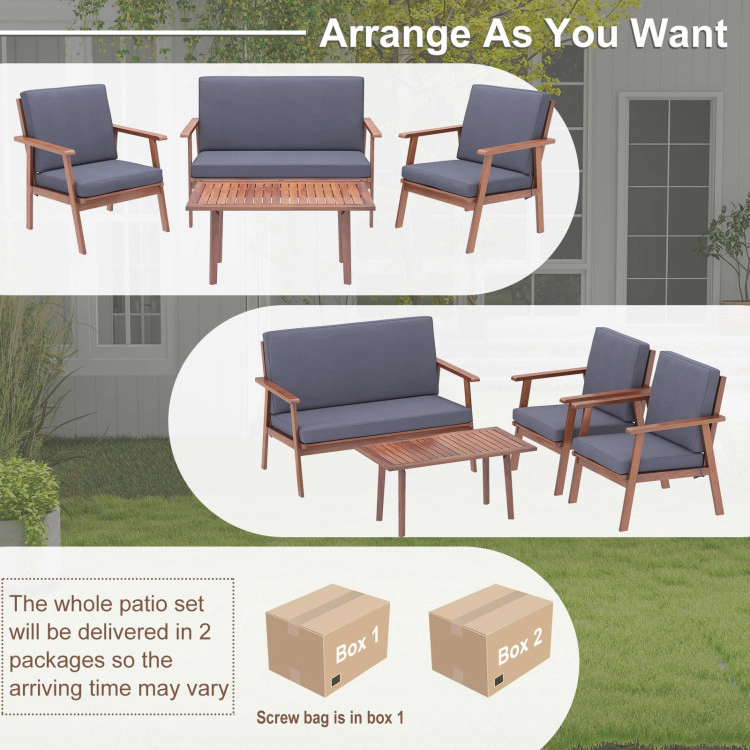 Hivvago 4 Piece Outdoor Acacia Wood Conversation Set With Soft Seat And Back Cushions
