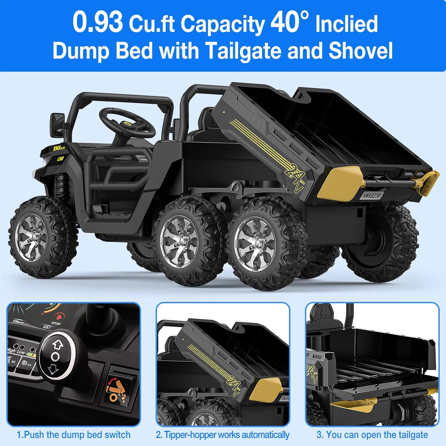 24V 4WD 6-Wheel 2-Seater Kids Ride-On Dump Truck, Remote Control, 4×75W Motors, LED Lights, Music, Functional Bed