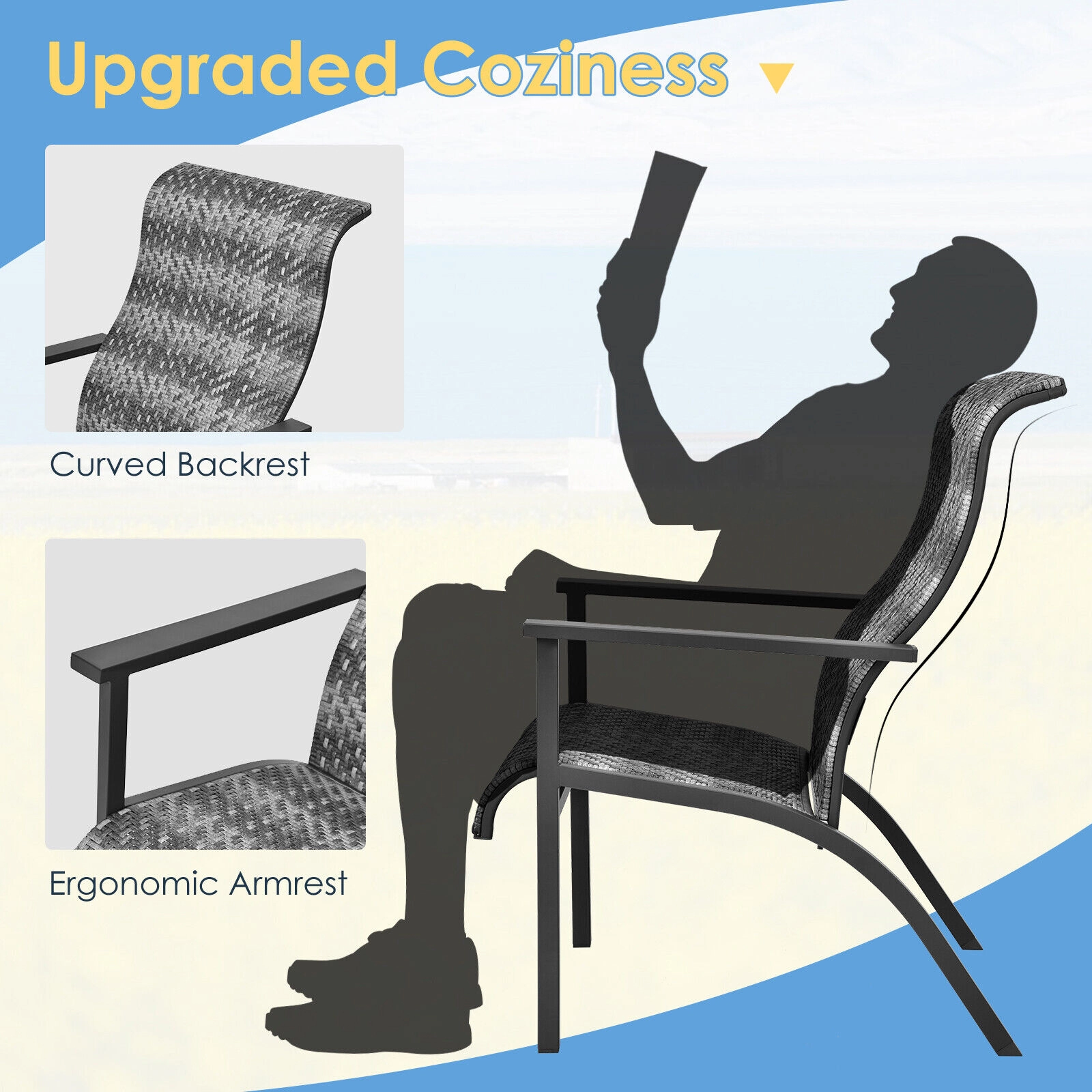 SUGIFT 3 Piece Patio Rattan Bistro Set Gray with High Backrest Chairs and Side Table