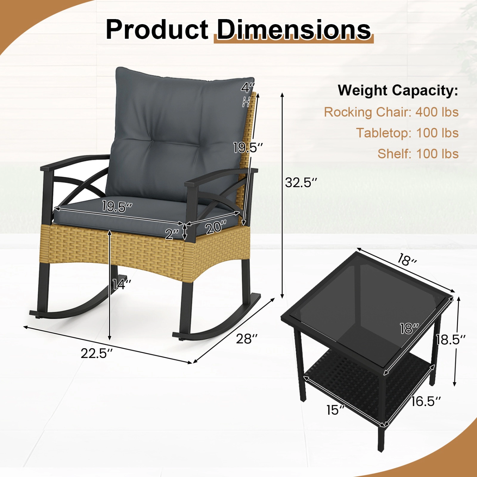 SUGIFT Outdoor Rocking Chair Conversation Set with 2-Tier Side Table 400-Lb Chair Capacity Gray Cushions
