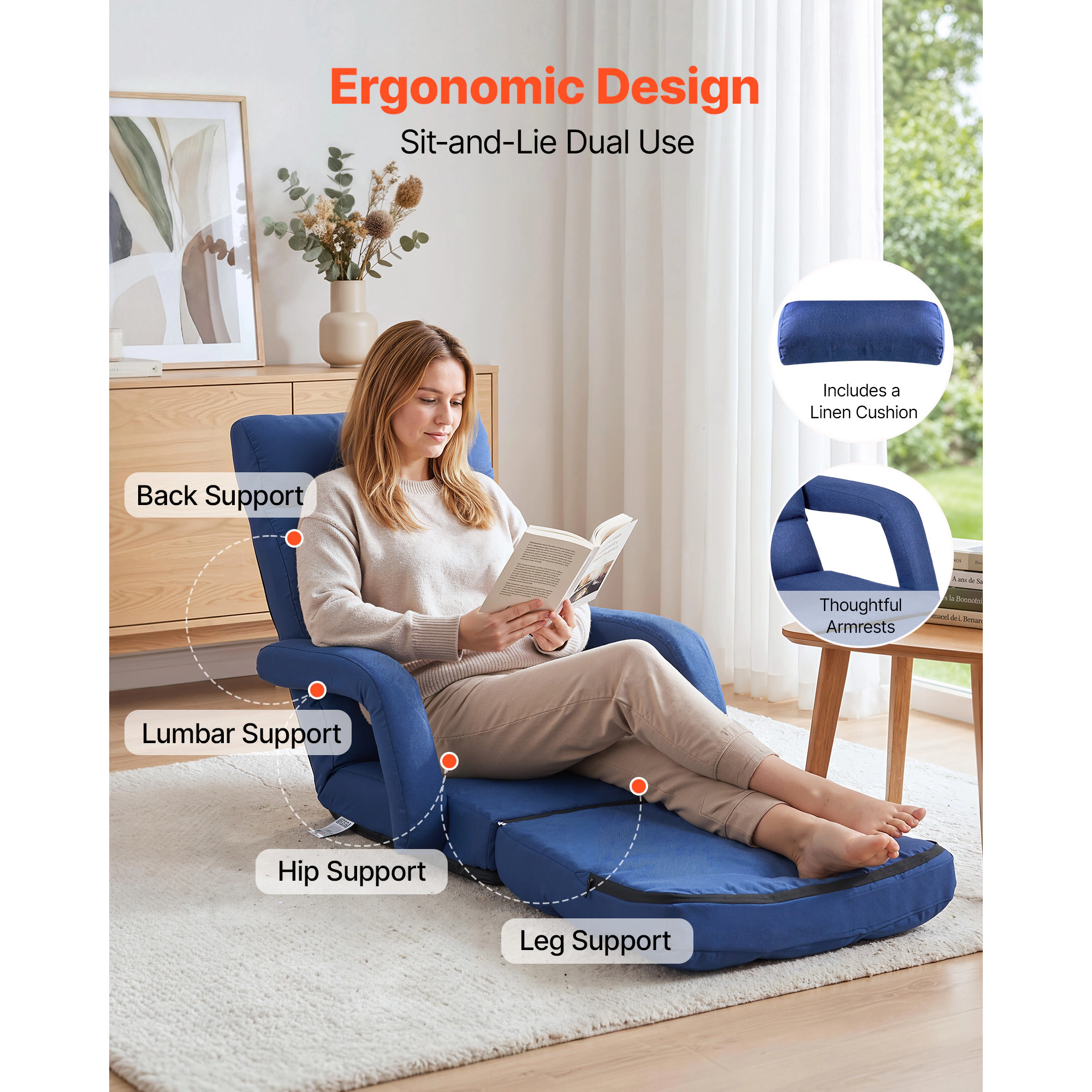 HONGGE Floor Chair 5 Adjustable Positions Folding Floor Gaming Chair with Ergonomic Back Support Sturdy Metal Frame