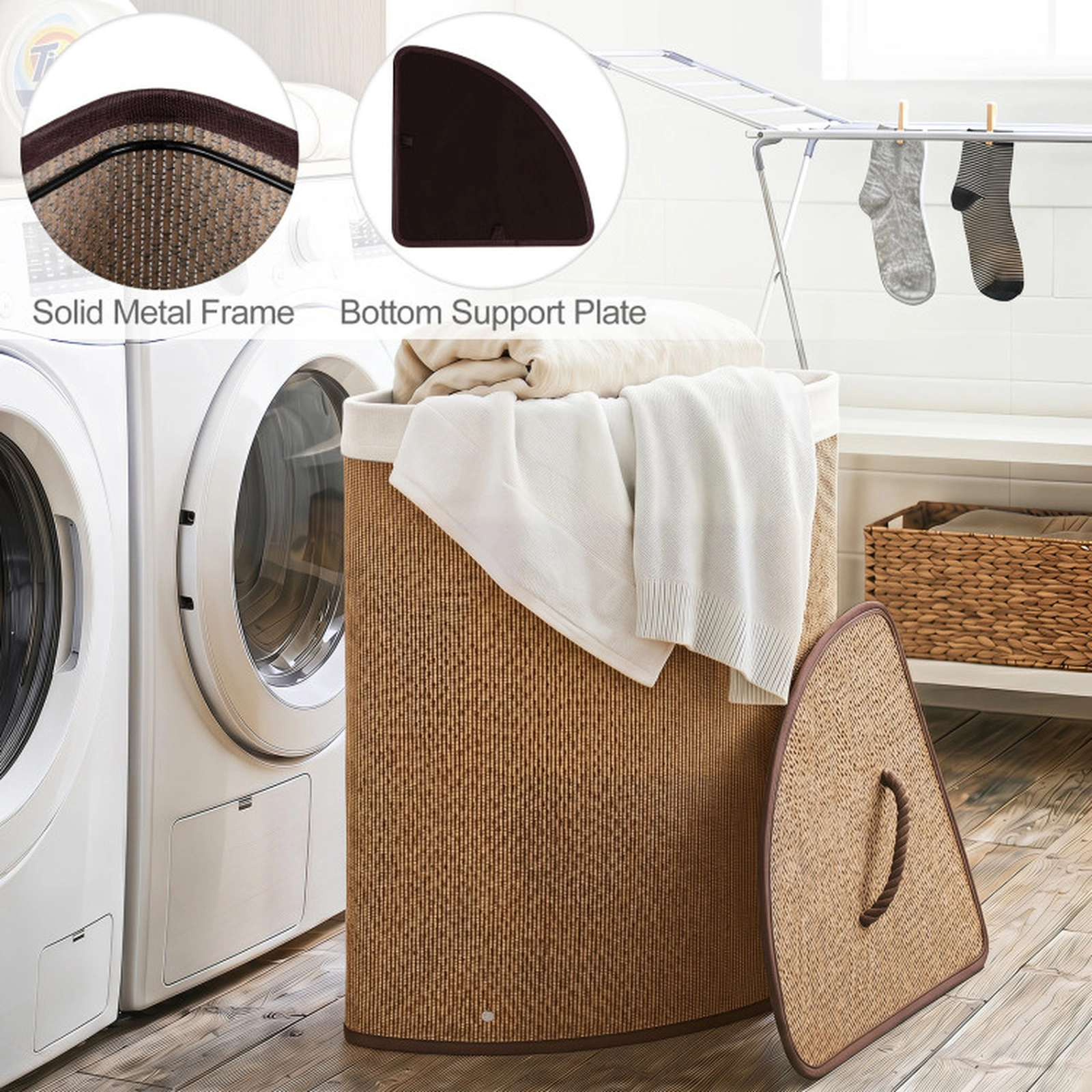 SUGIFT 15-Gallon Brown Corner Bamboo Laundry Hamper with Lid and Removable Washable Liner
