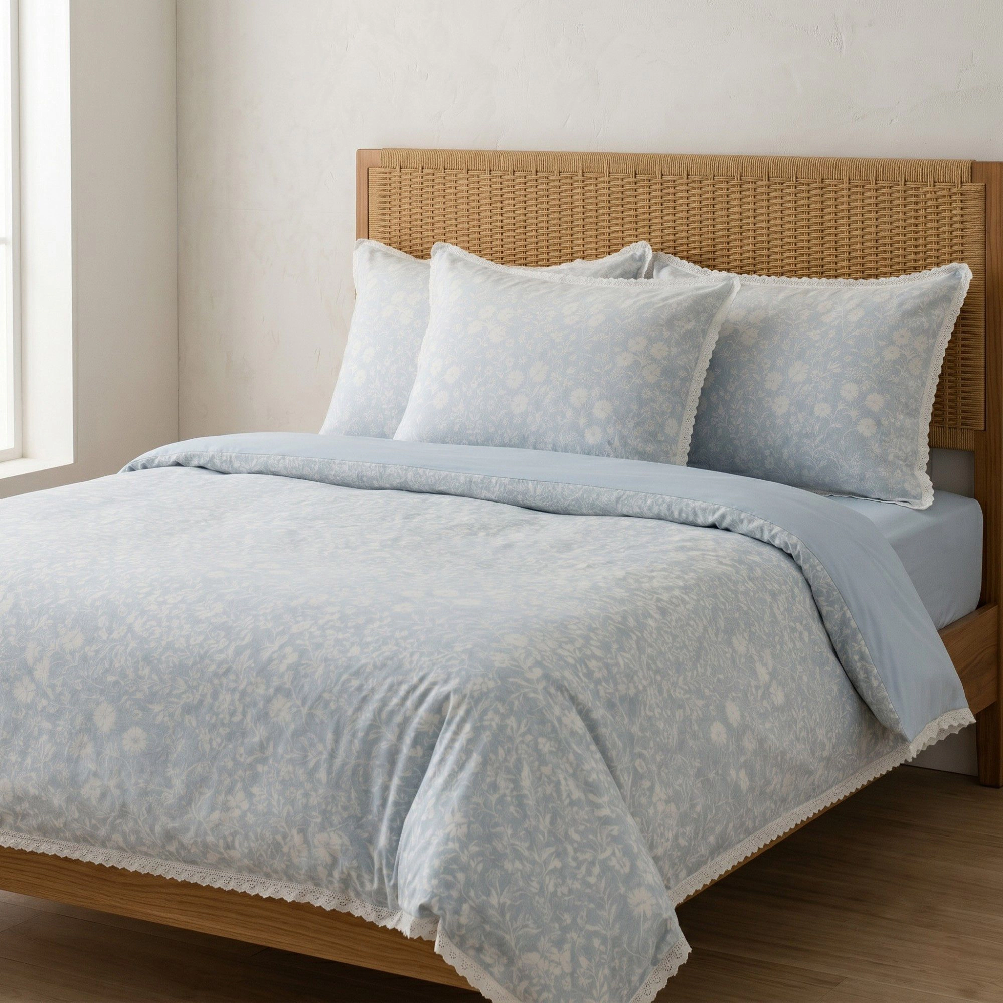 Alilang Unisex 4-Piece Cotton Washed Jacquard Bedding Set with Duvet Cover Flat Sheet and Pillowcases Floral Texture