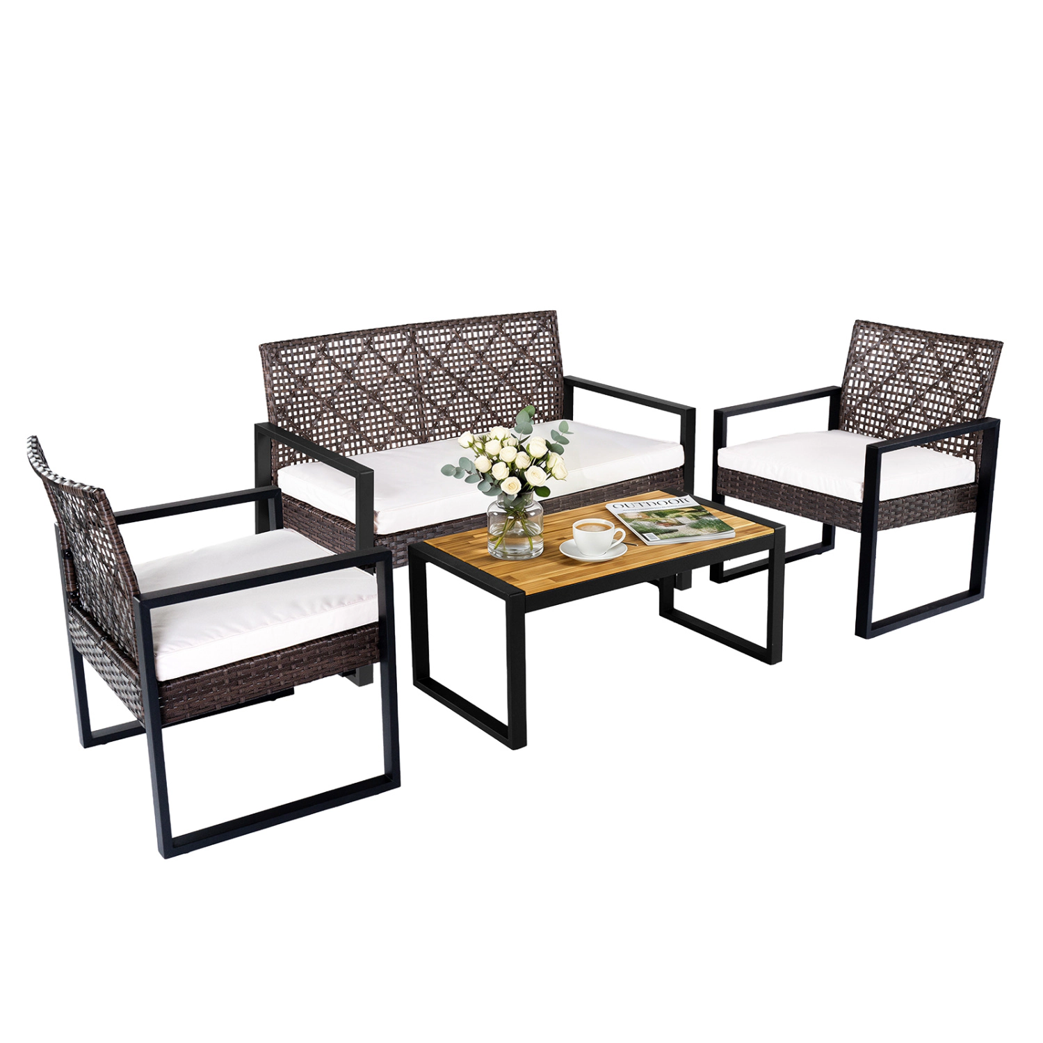 LJG 4-Piece Patio Set with Acacia Coffee Table and Wicker Chairs for Backyard