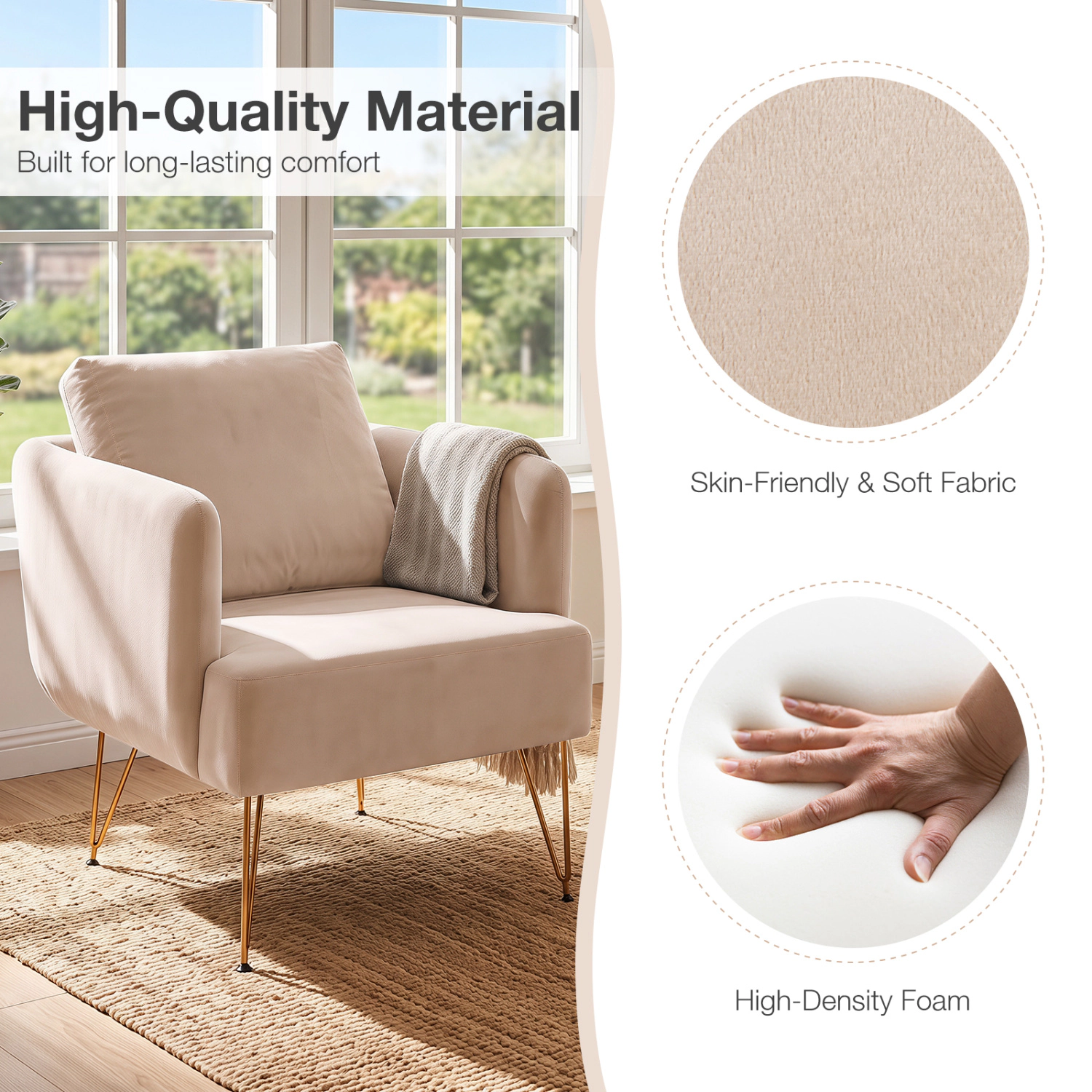 LJG Modern Accent Chair with Back Cushion & Golden Metal Legs for Living Room Bedroom