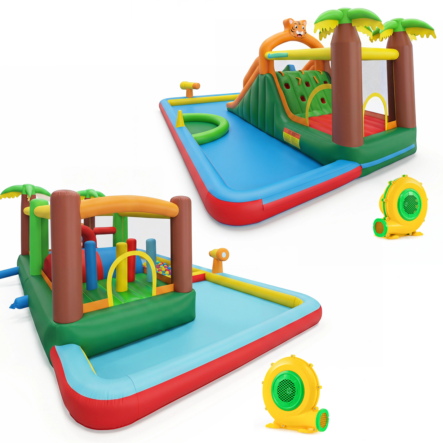 Hivvago Tiger Inflatable Water Park Obstacle Bounce House with 2 Blower