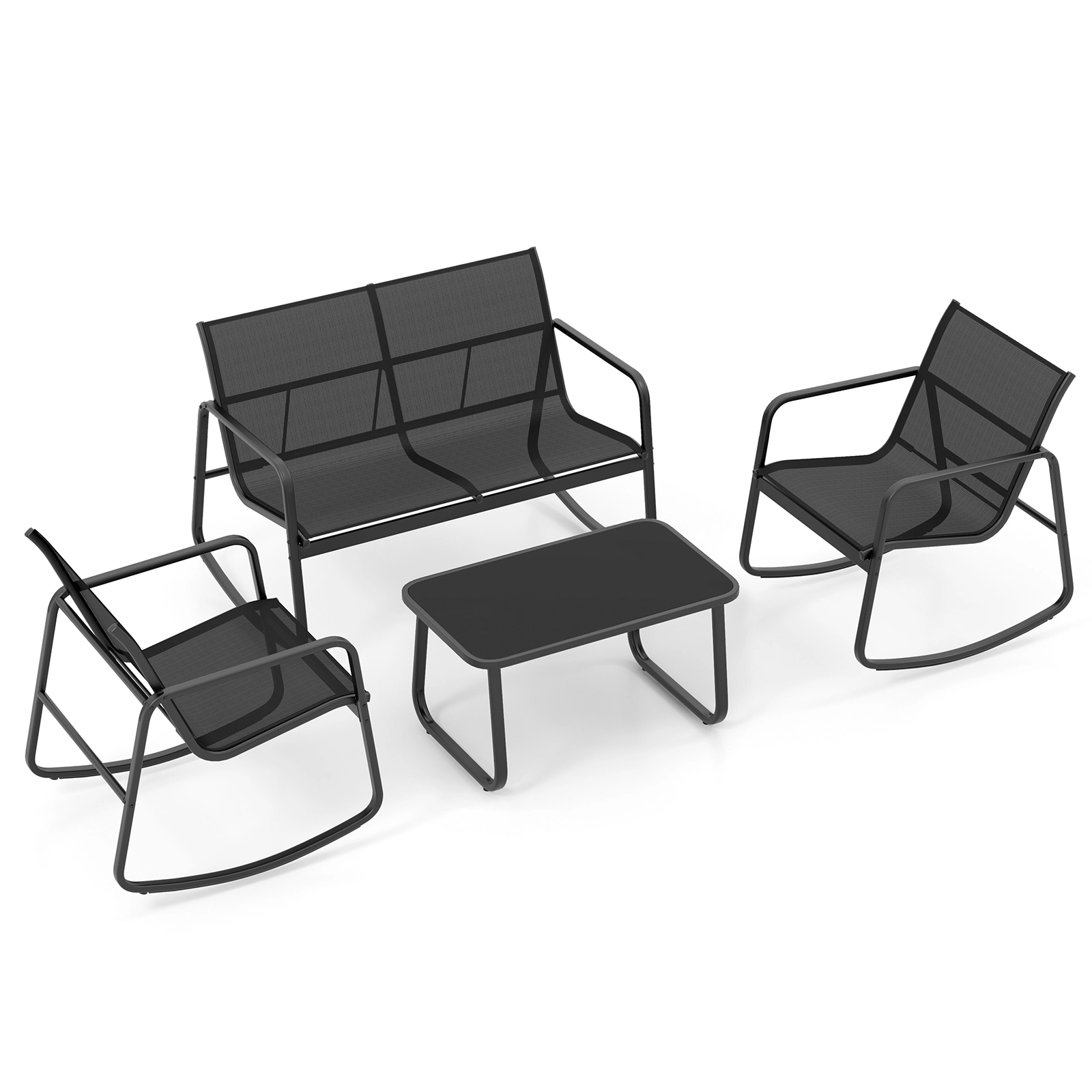 SUGIFT 4 Piece Metal Patio Rocking Conversation Set with Glass-Top Table 330-lb Chair 660-lb Loveseat Capacity Black