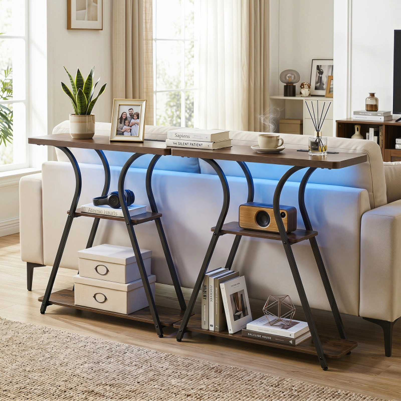 SUGIFT 32-in Narrow 3-Tier Entryway Console Table with Power Outlets and RGB LED Lights 88-lb Capacity Rustic Brown