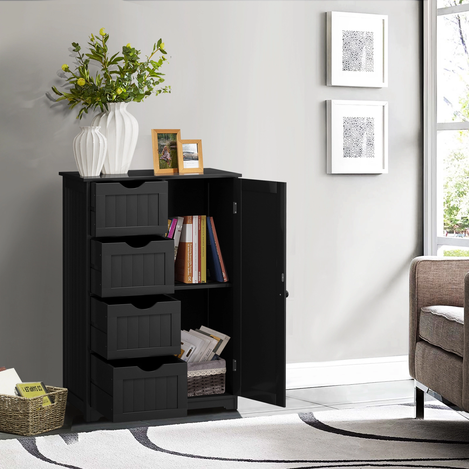 SUGIFT Standing Indoor MDF Engineered Wood Bathroom Cabinet with 4 Drawers and Side Door 143-lb Capacity Black