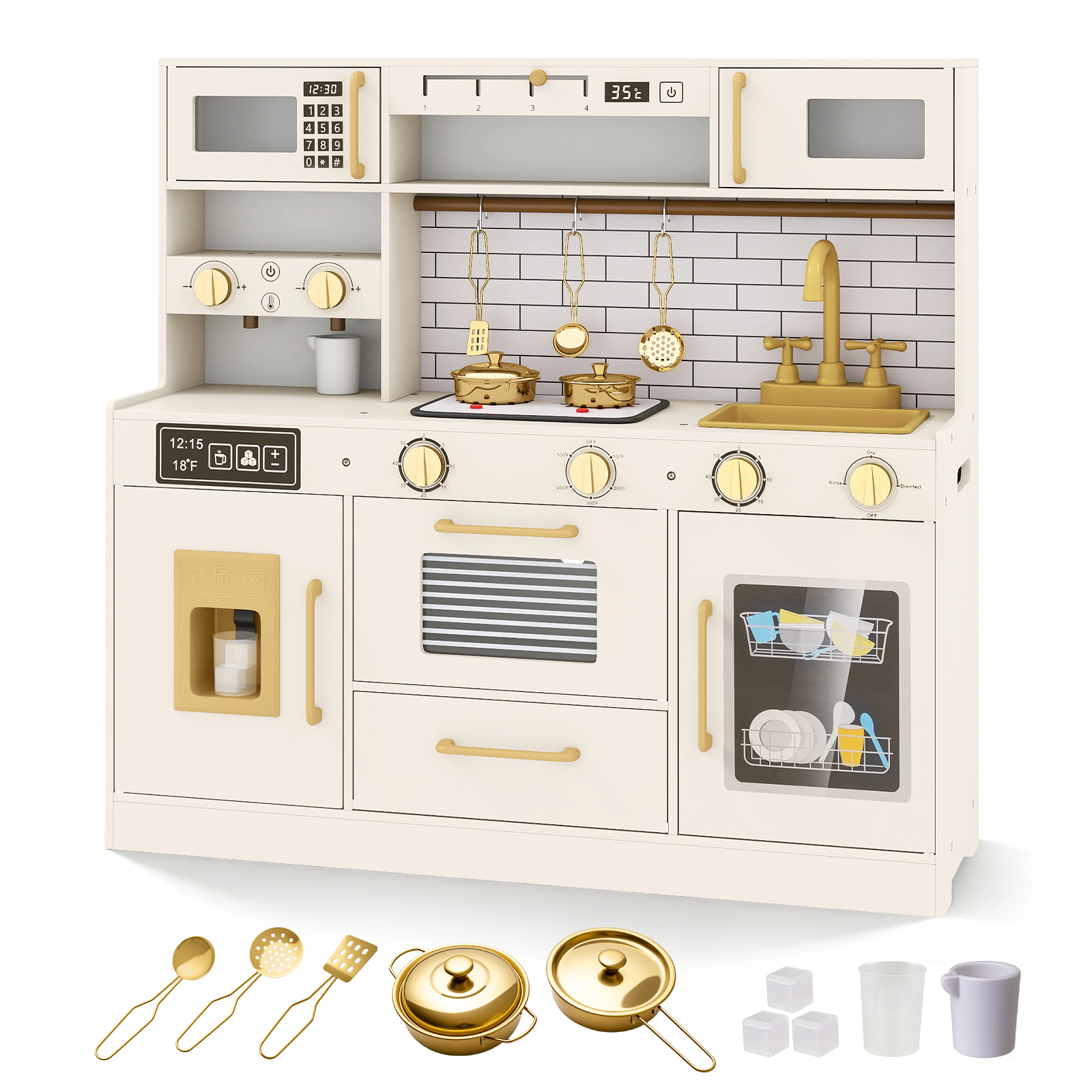 SUGIFT Pretend Toy Kitchen Set with Stoves and Water Dispenser MDF Play Kitchen 34-in Wide Ages 3+ 1-Pc Set Beige