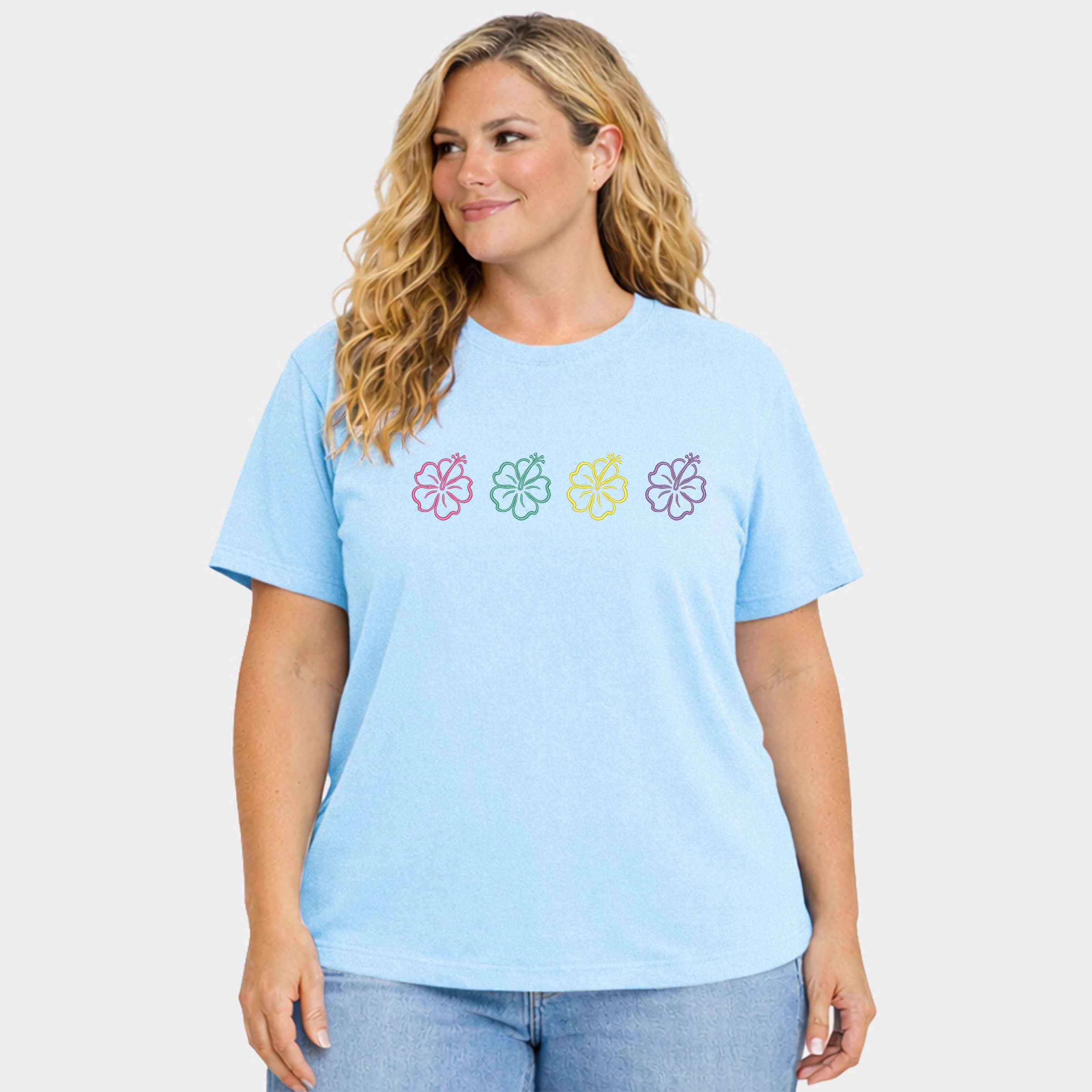 Simply Sage Market - Embroidered Hibiscus Flowers Women's Plus Sized Garment Dyed Graphic T-Shirt