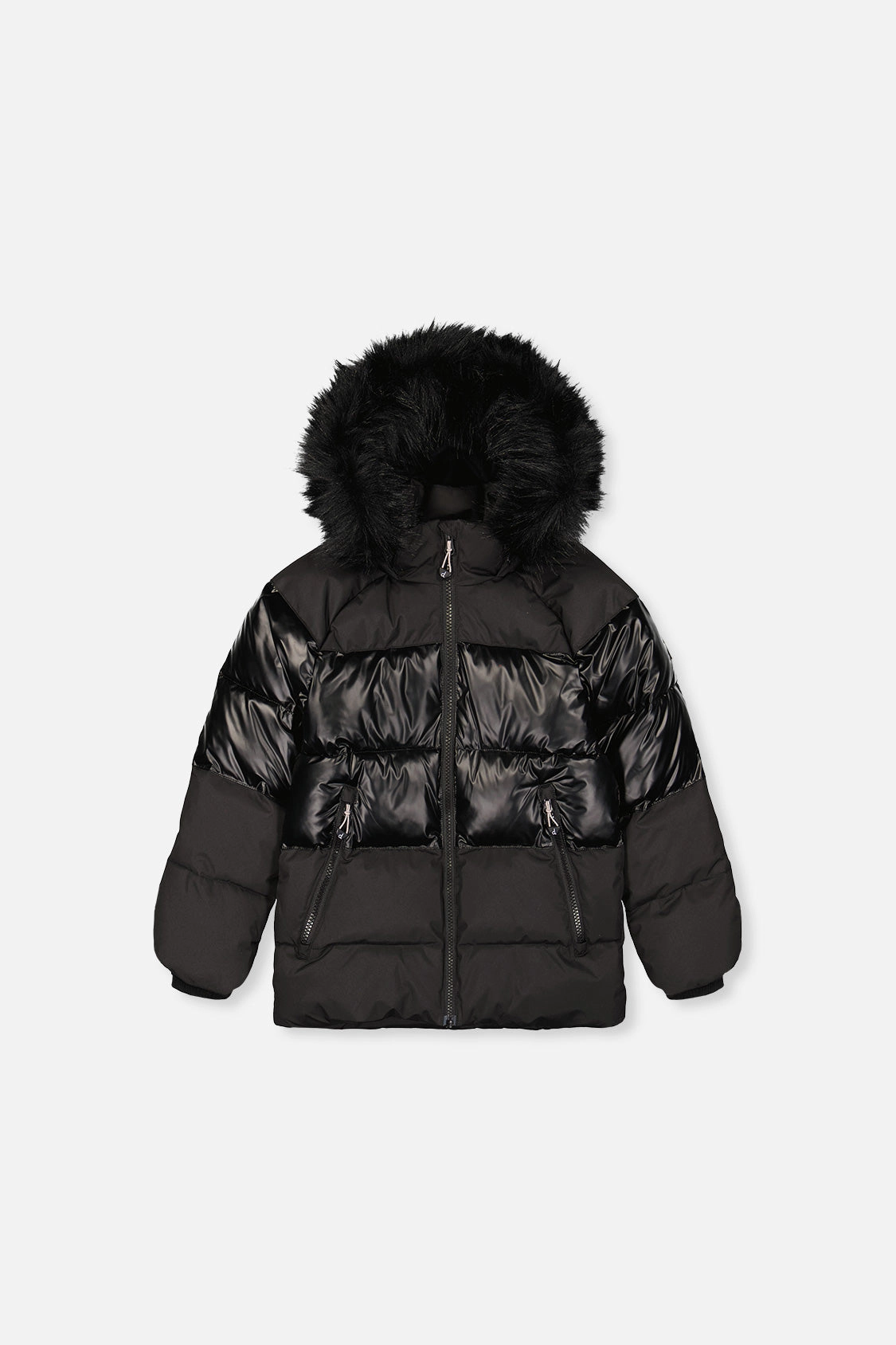 Deux par Unisex Faux-Fur Hooded Winter Jacket with Decorative Chest Pattern