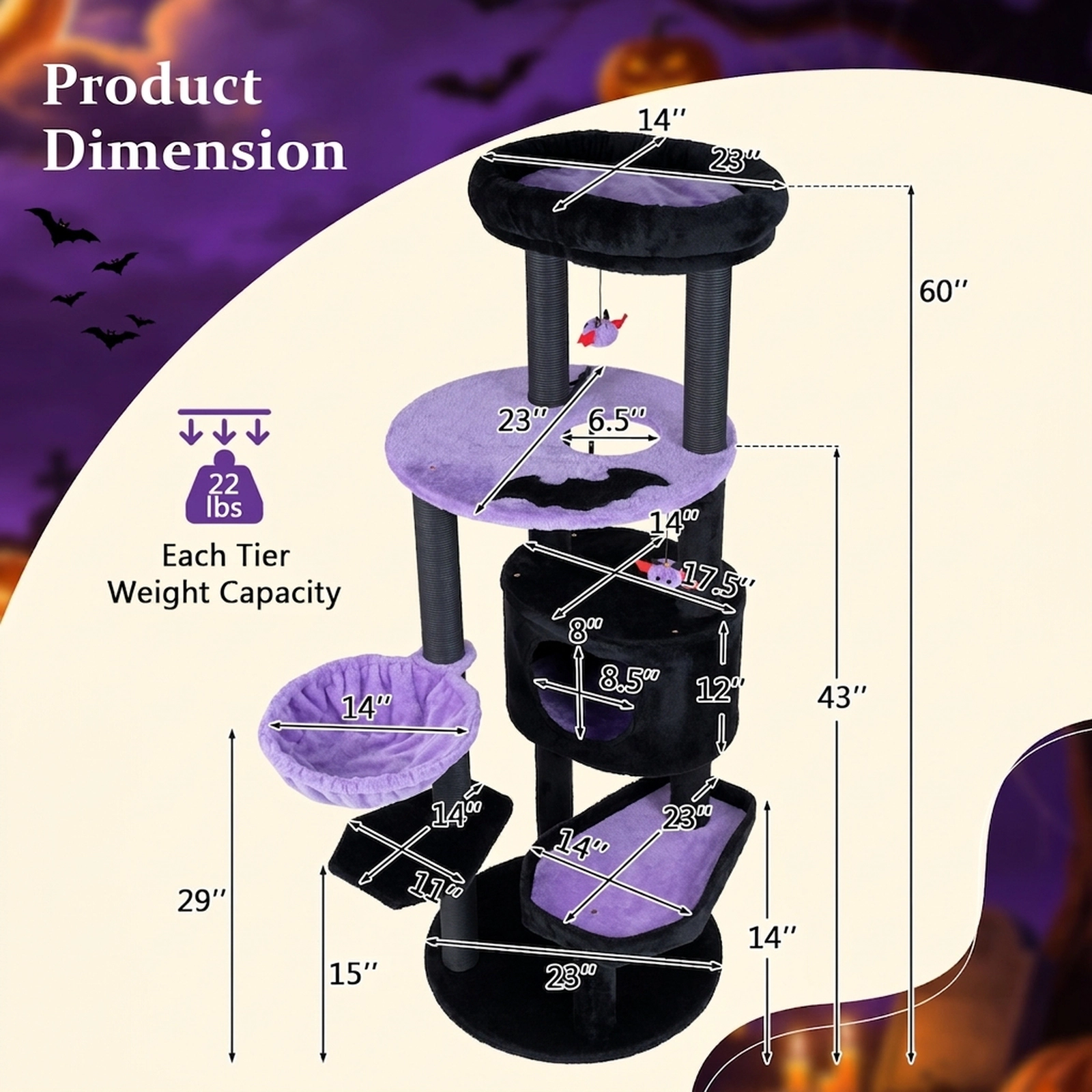 SUGIFT 60 in Gothic Cat Tower Purple with Coffin Bed Plush Perch and Spider Hanging Toys
