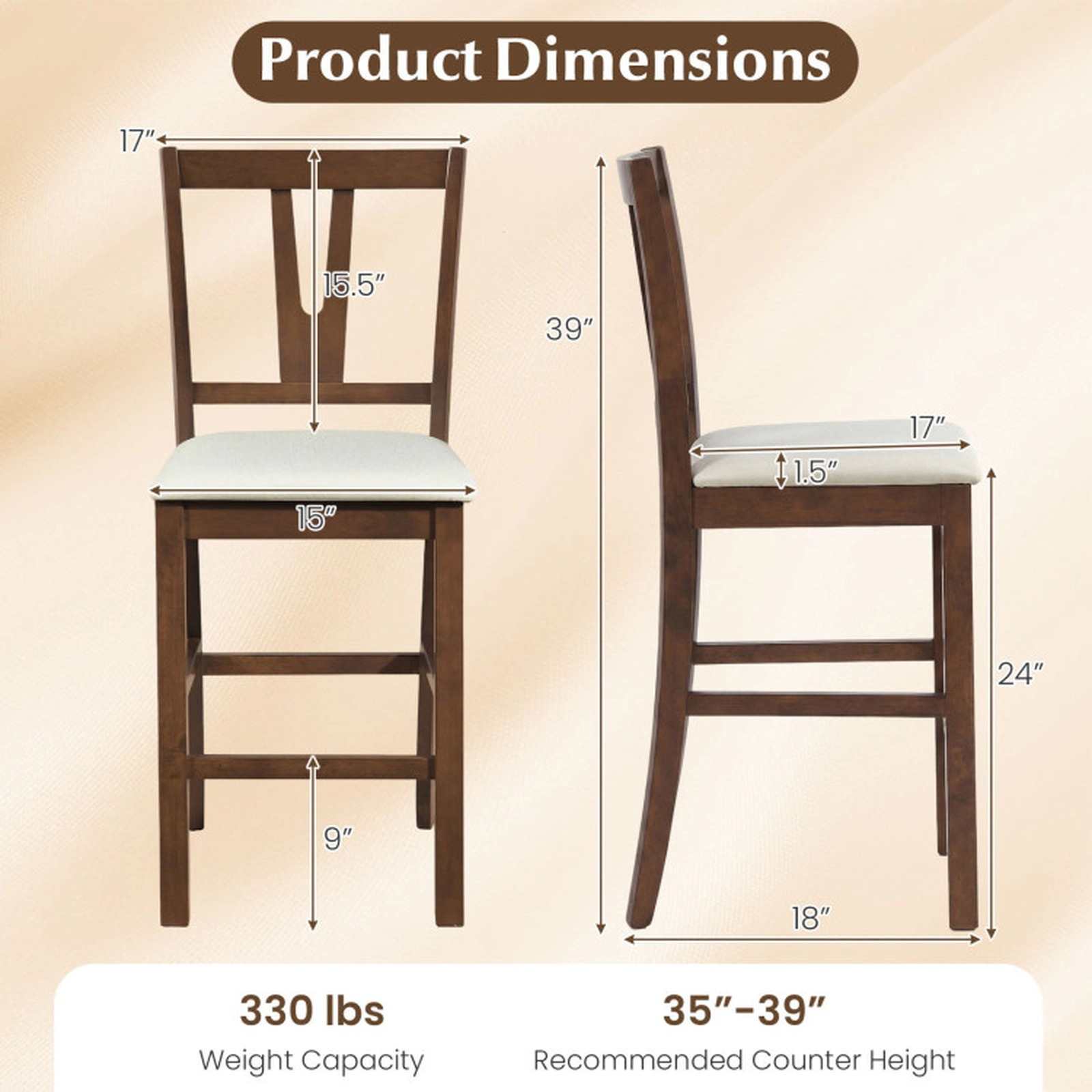 SUGIFT Walnut and Cream Contoured V-Back and Upholstered Seat Set of 2 Counter Height Bar Stool