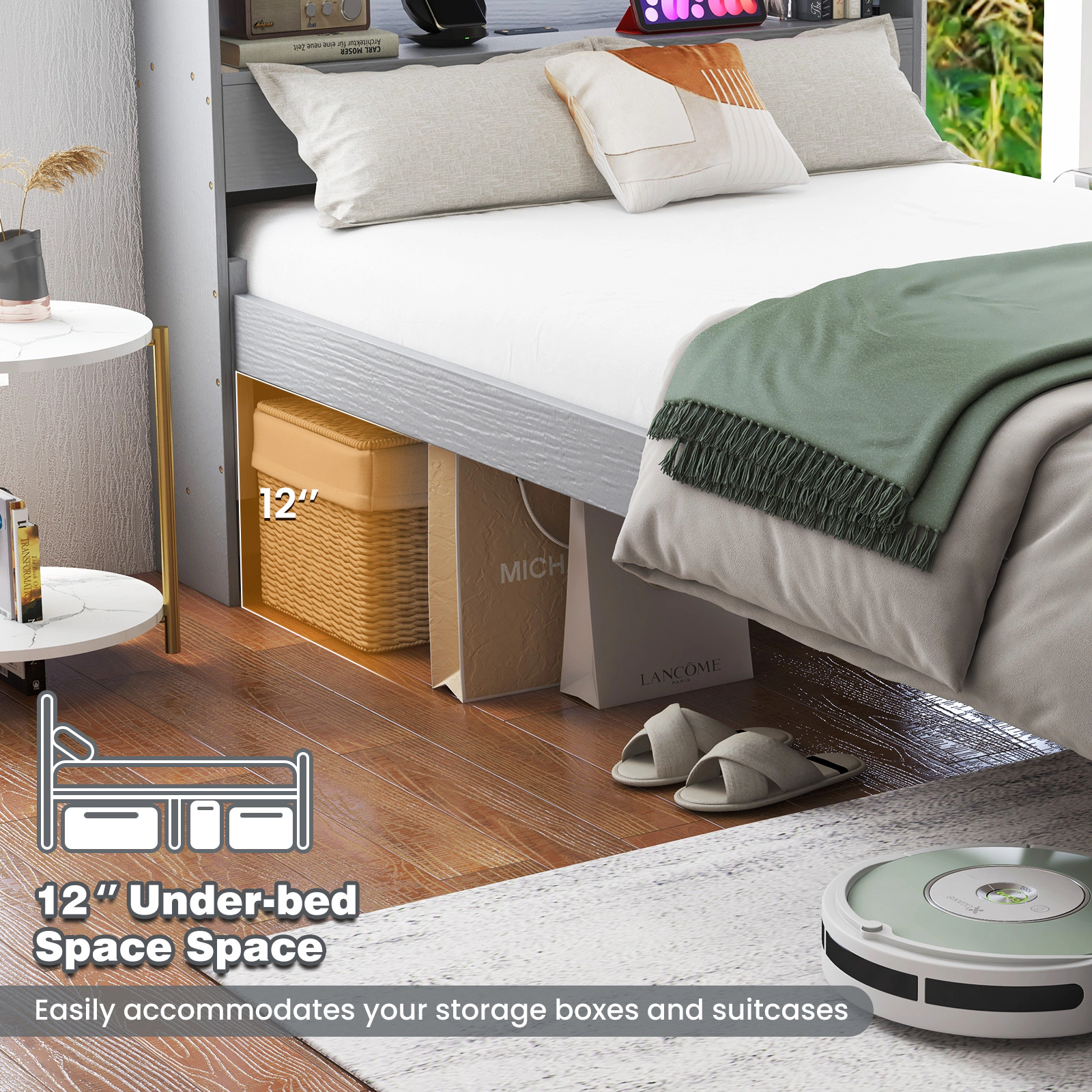 SUGIFT Gray Storage Headboard LED Light and Charging Station Twin Size Wooden Bed Frame