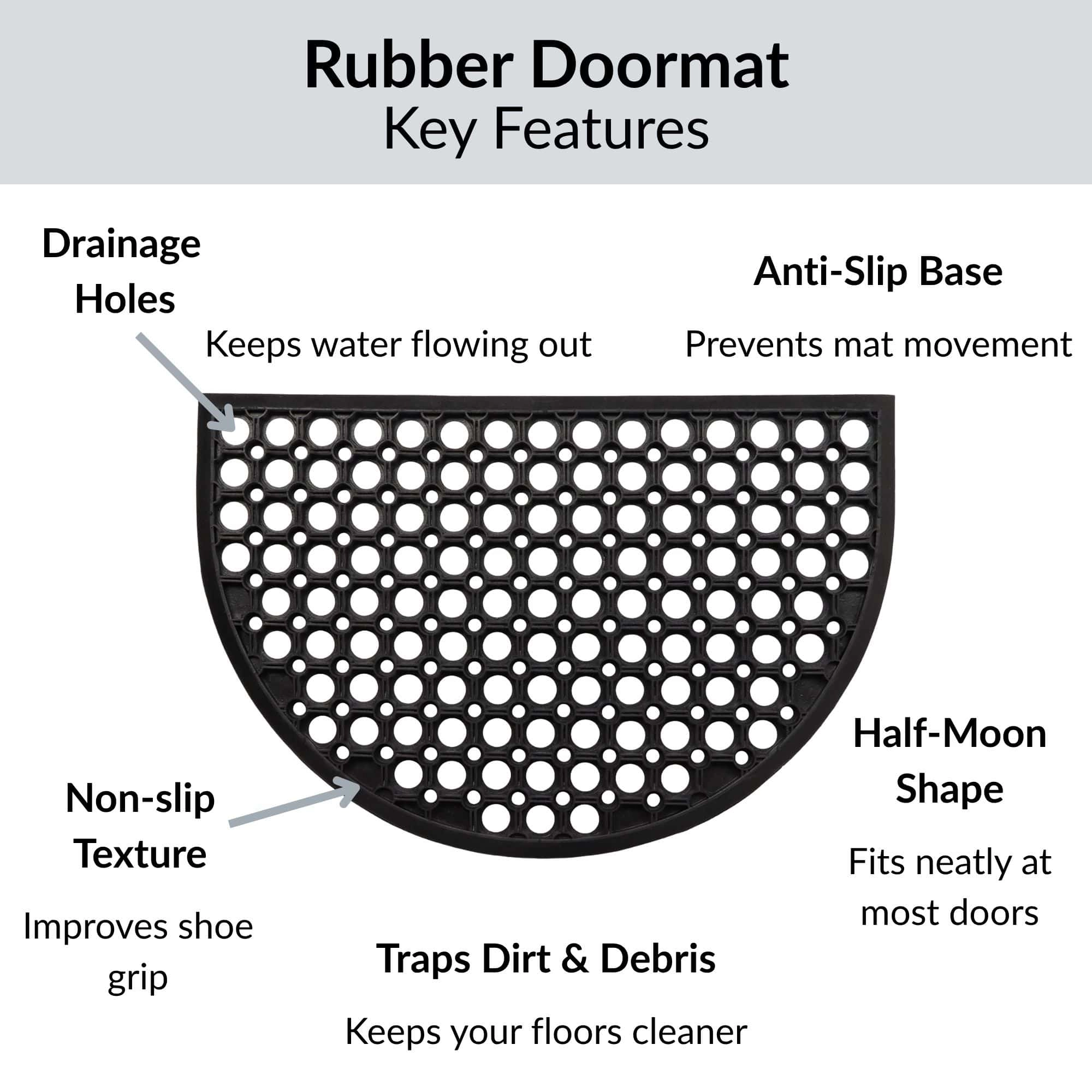 Evideco French Home Goods Black Half Moon Rubber Doormat 23.5 x 15.75 Inches